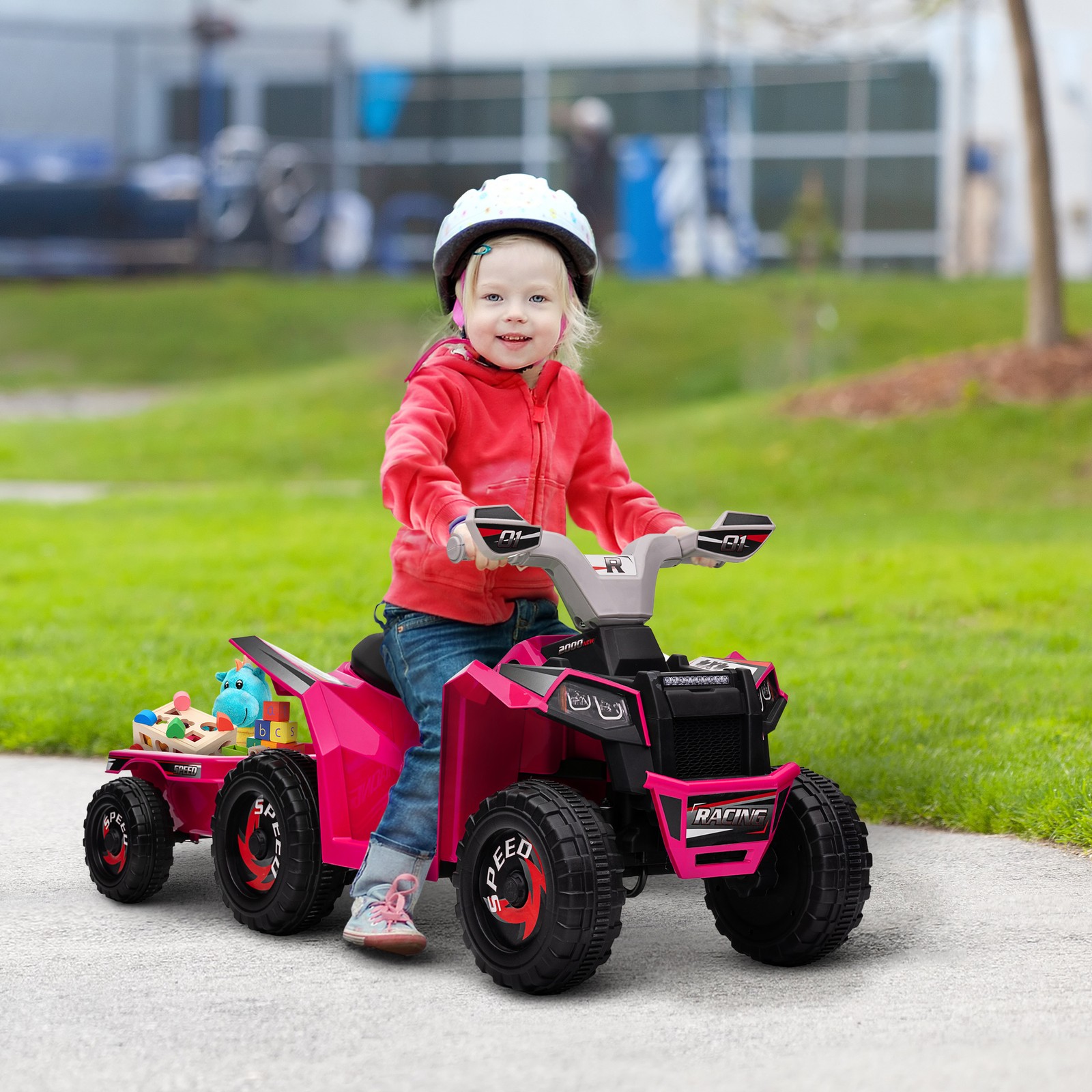6V Kids ATV Quad Car with Back Trailer, Forward Backward Pink
