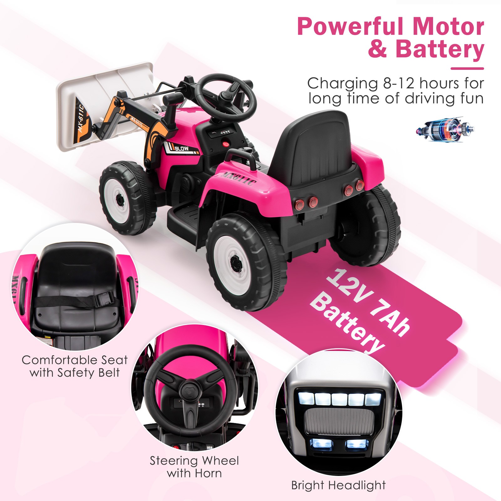 Kids Ride On Excavator Digger 12V Electric Tractor RC w/ Digging Bucket Pink