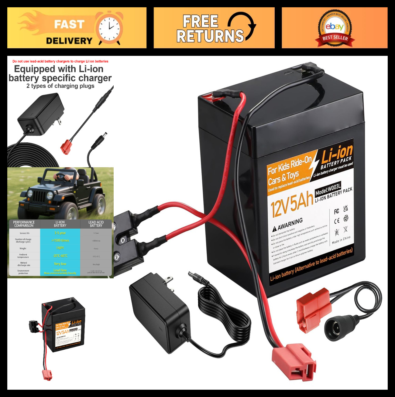 12V 5Ah Lithium-ion Replacement Battery for Kids Ride-On Toy Car, Durable Power