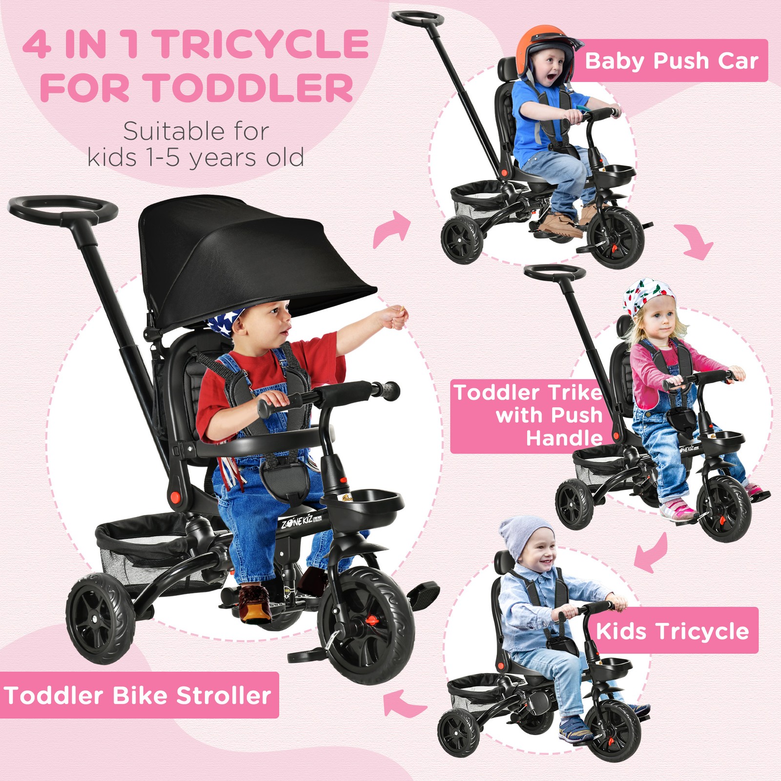 Kids Tricycle 4 in 1 Trike with Reversible Seat, Black