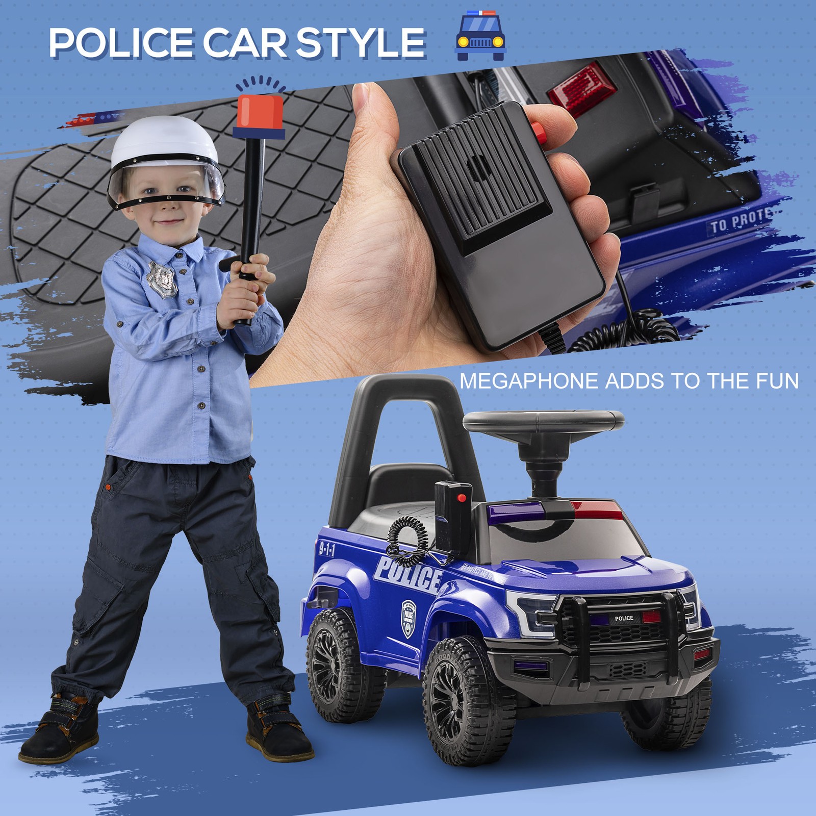 Kids Push Ride On Police Car W/ Horn, for 18 Months – 5 Years Old, Blue