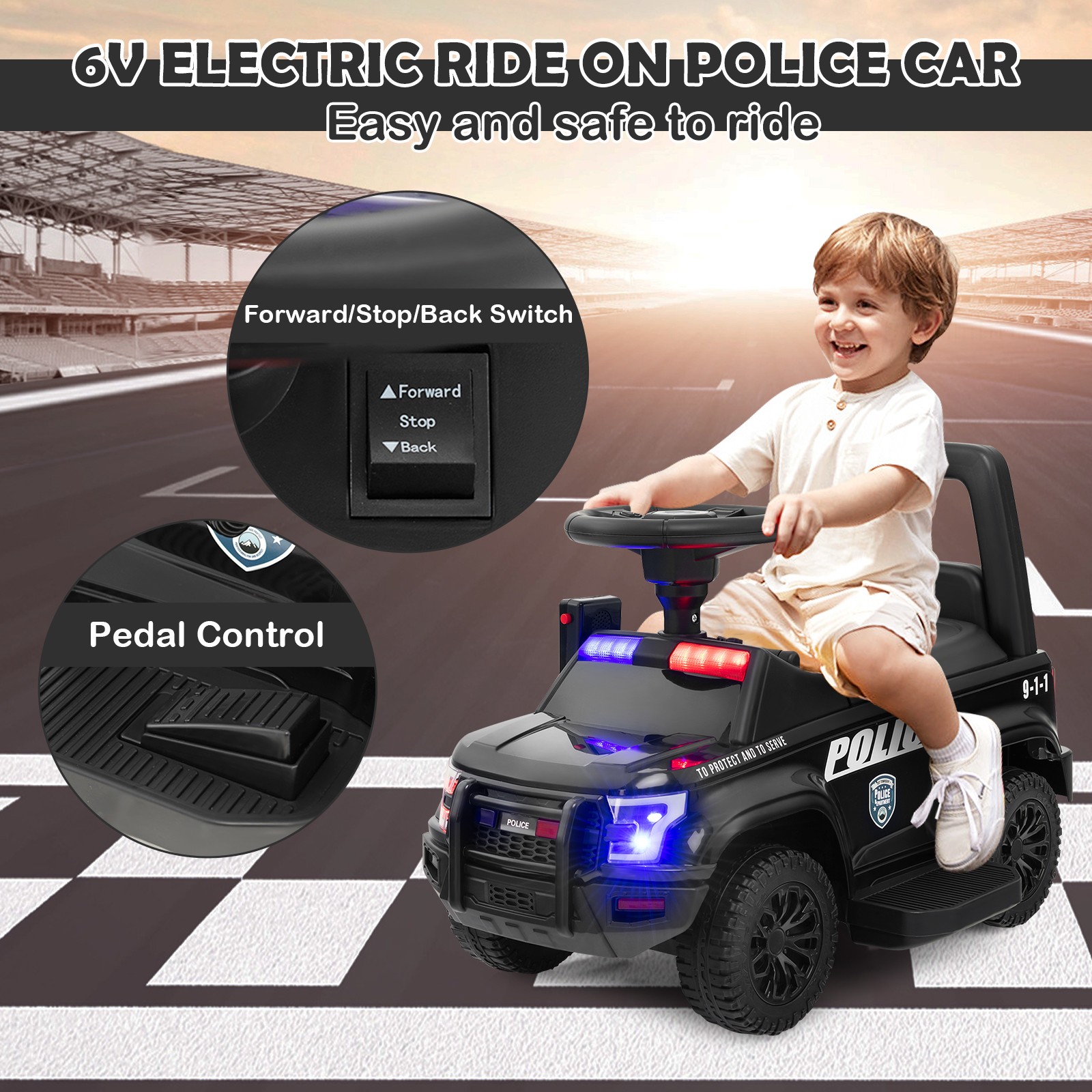 Kids Ride On Police Car 6V Battery Powered Electric Toy Vehicle w/Real Megaphone