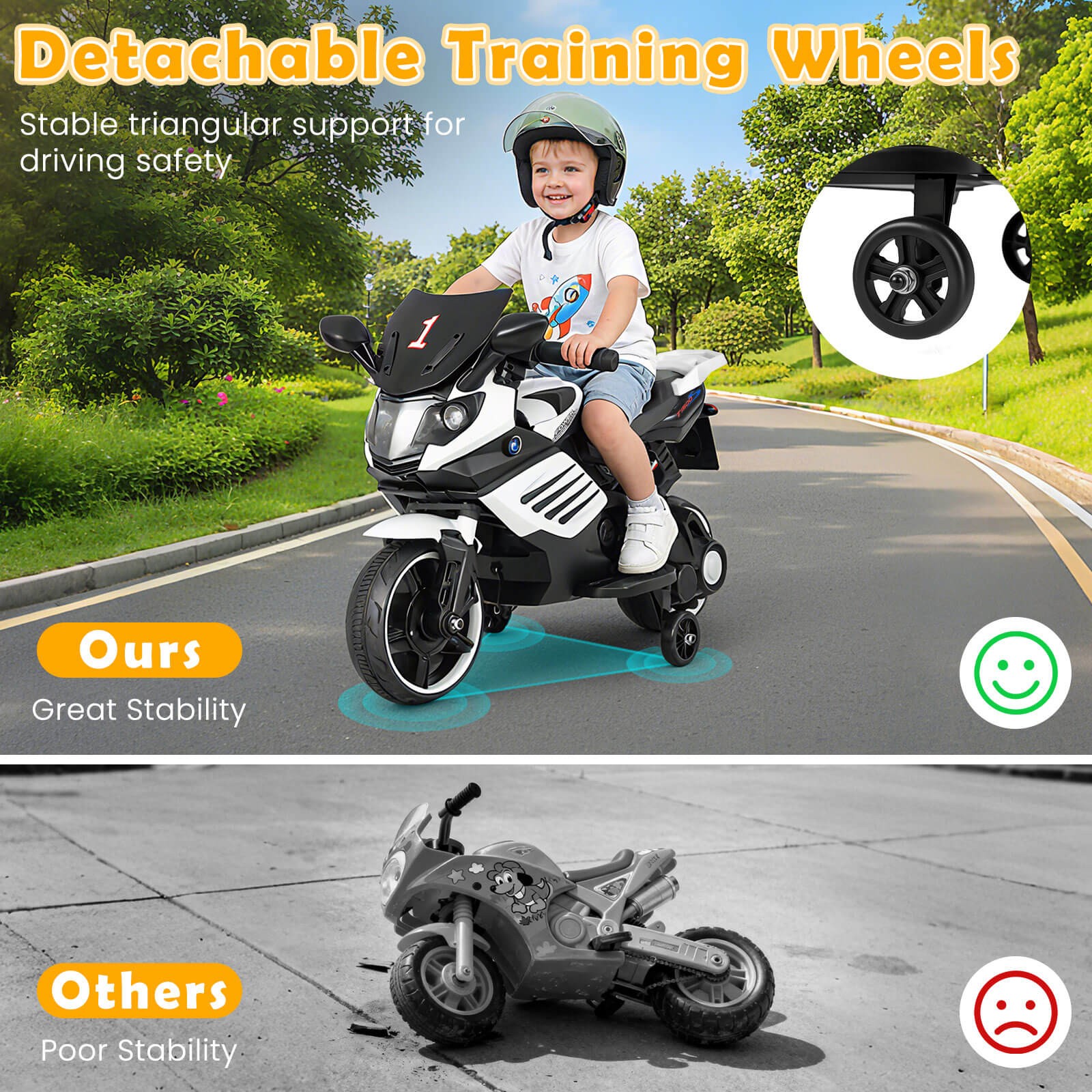 6V Kids Motorcycle w/Music, Horn, Detachable Training Wheels & LED Headlights