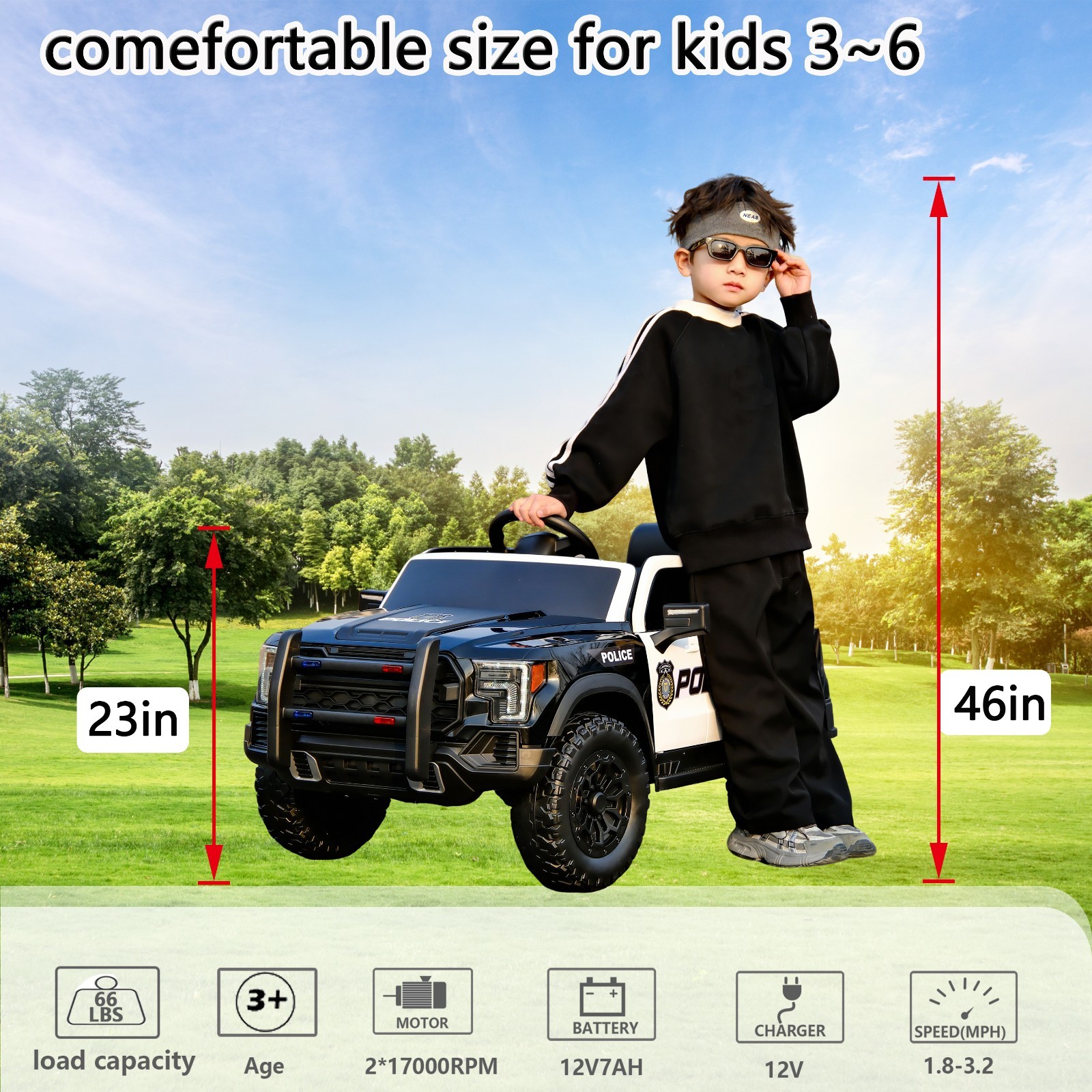 Kids Ride On Police Car 12V Dual Motors Remote Control Music Lights