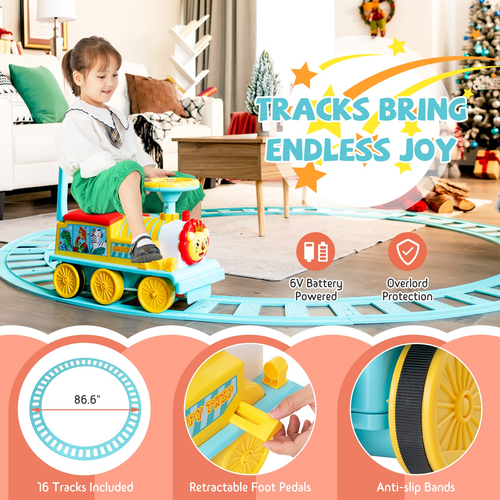 6V Electric Kids Motorized Train Toy with Unique Train Outlook & Stickers Blue