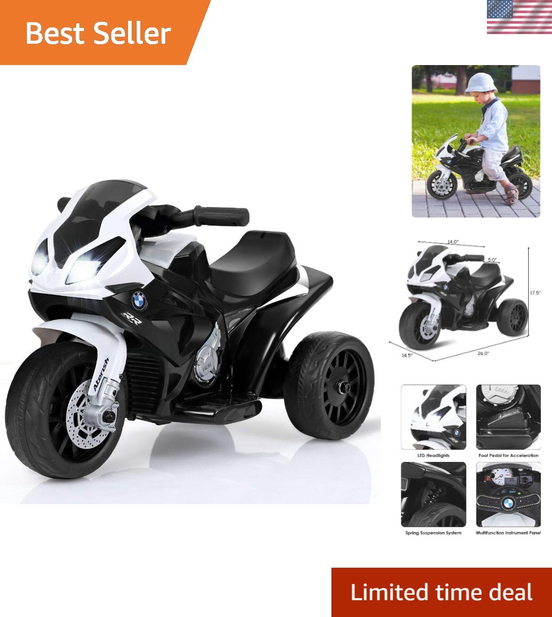 Licensed BMW Kids Electric Motorcycle – Safe 3-Wheel Rider with Music & Lights