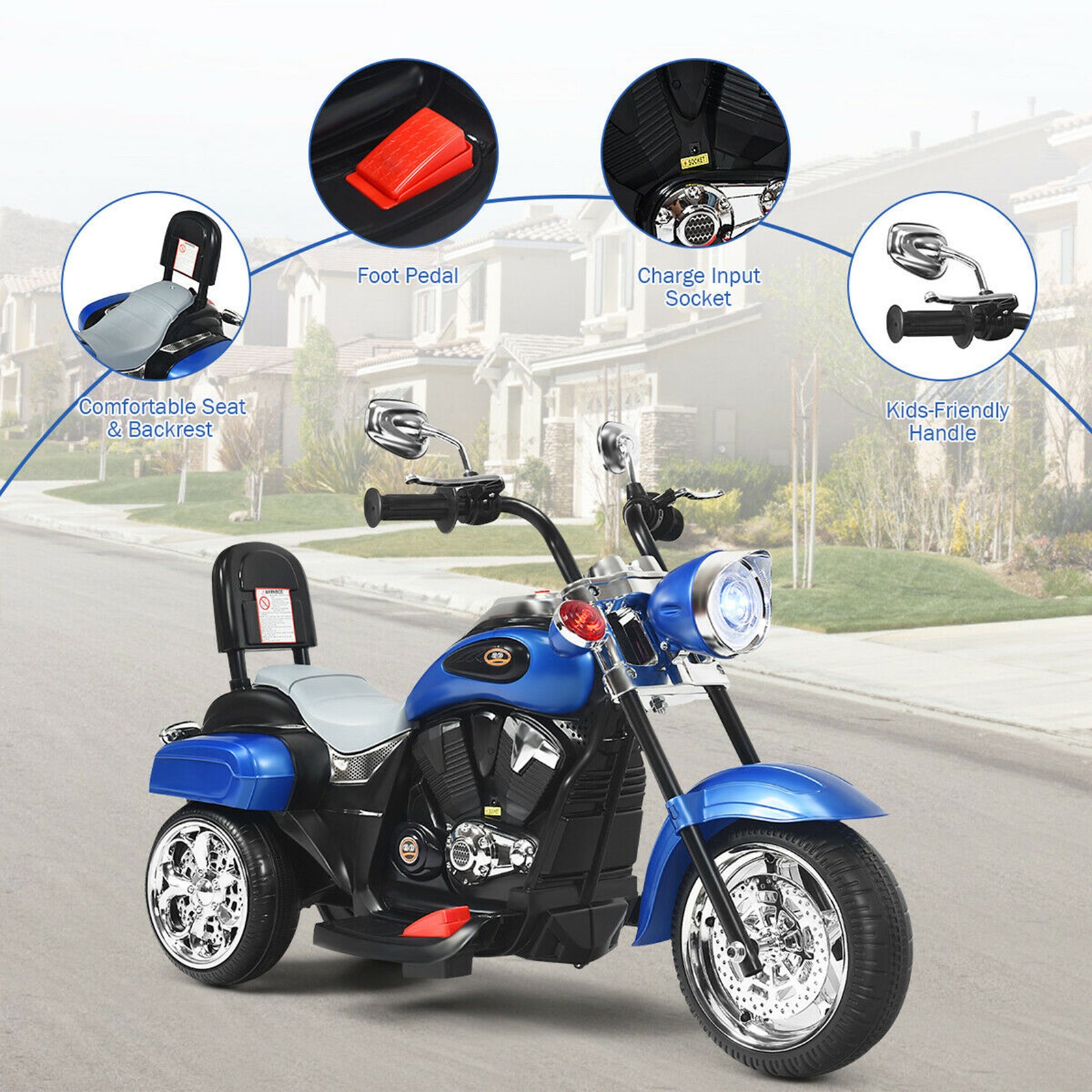 6V Kids Ride On Chopper Motorcycle 3 Wheel Trike with Headlight Blue