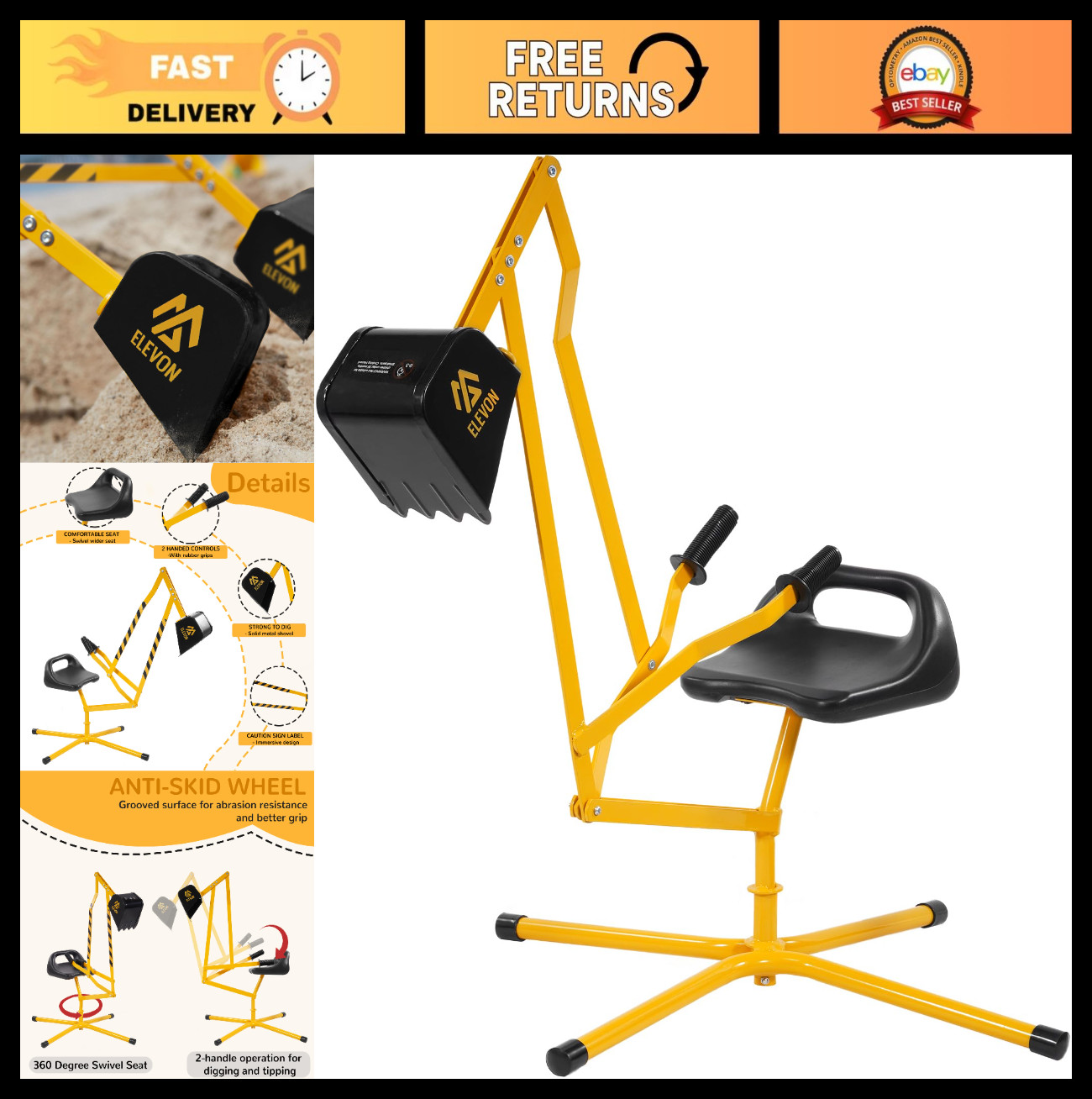 Kids Excavator Ride-On Toy, 360° Rotating Digger for Beach & Sandbox Fun, Steel