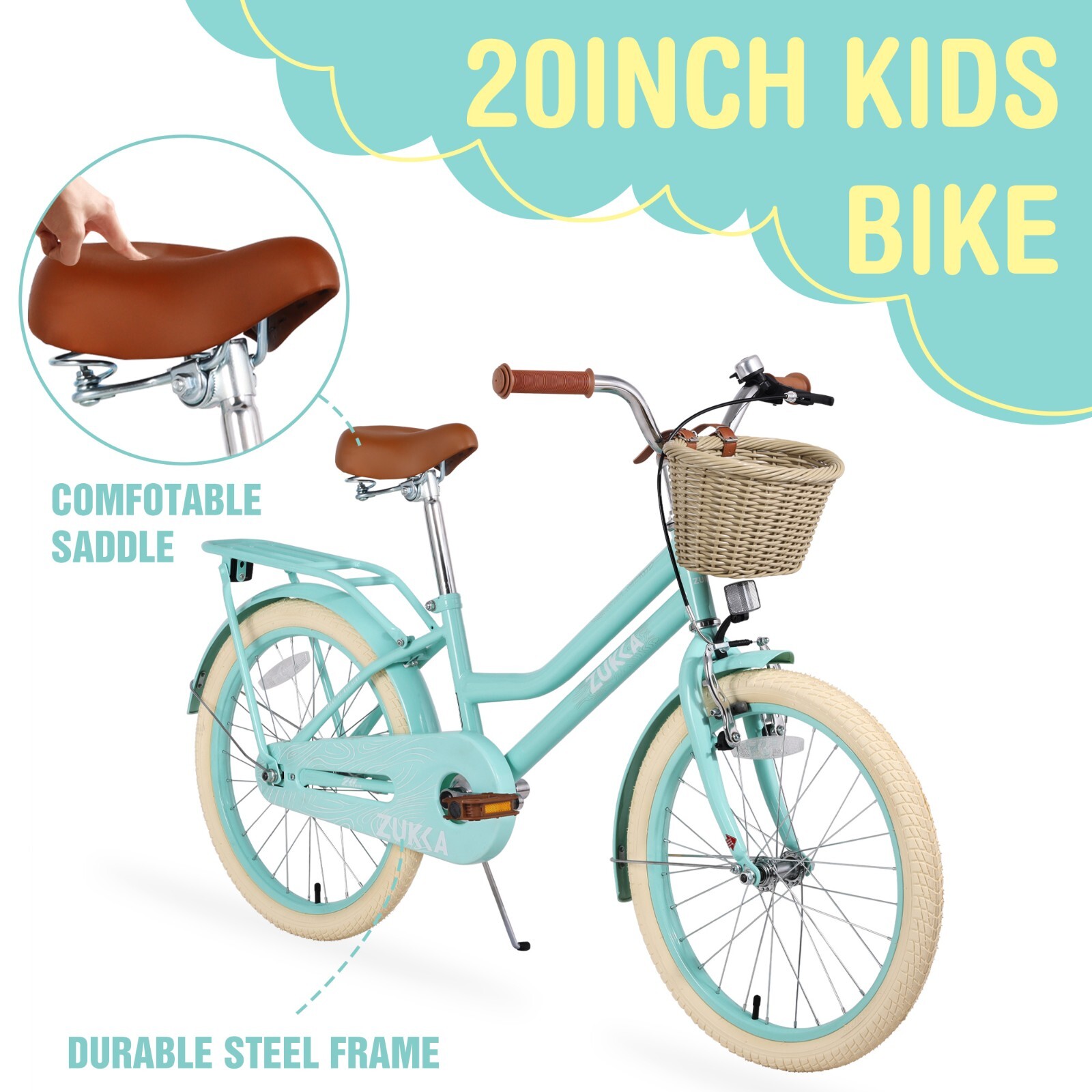 20″ Kids Bike for Teenager 7-10 Years Girls Single Speed with Woven Basket Green