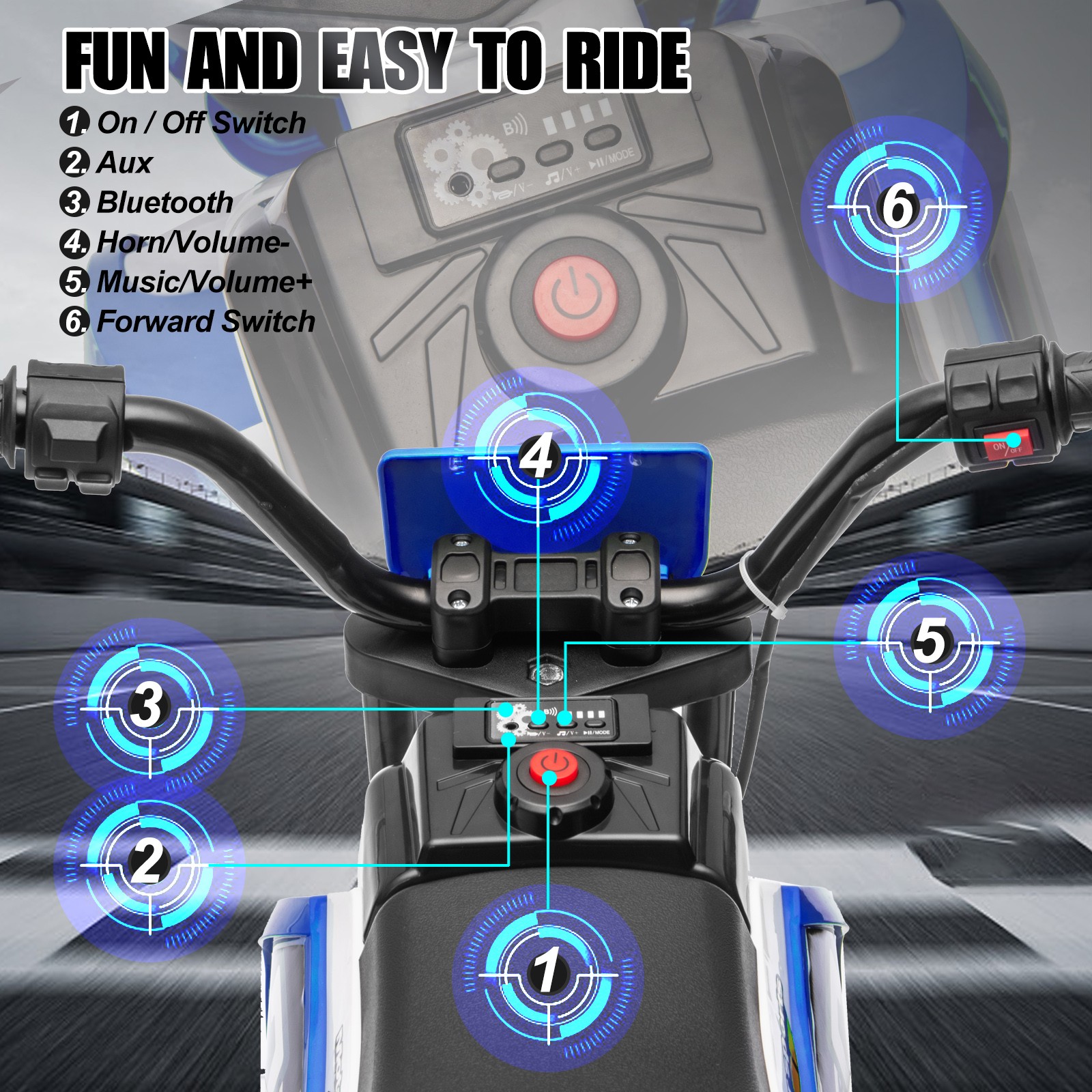 12V Kids Ride On Motorbike Motorcycle Dirt Bike with Music,Training Wheels Blue