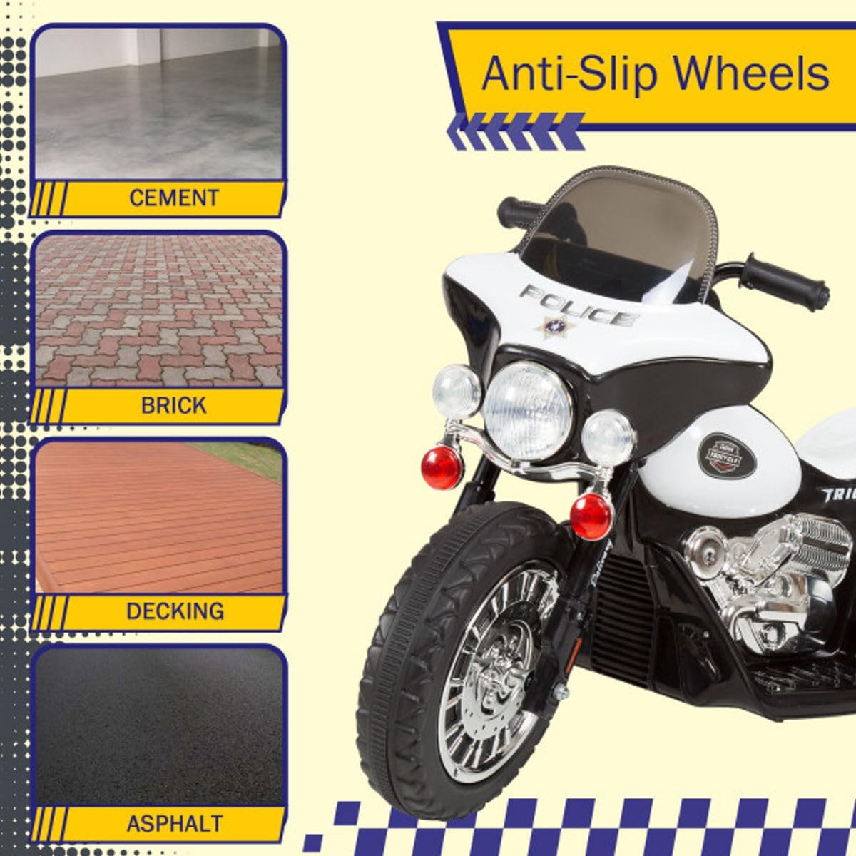 Kids Motorcycle – 3-Wheel Ride on Toy with Police Decals, Reverse, and Headli…