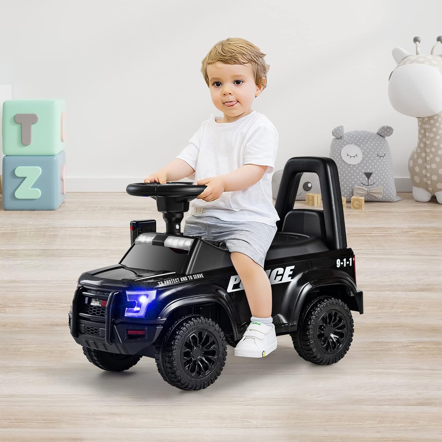 Ride On Push Police Car Toddler Foot-to-Floor Sliding Toy W/ Siren Steering