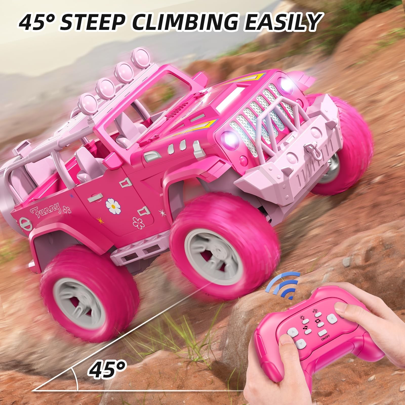 Pink Remote Control Car for Girls 4-7, 2.4GHz Off-Road RC Jeep with Spray, Cl…