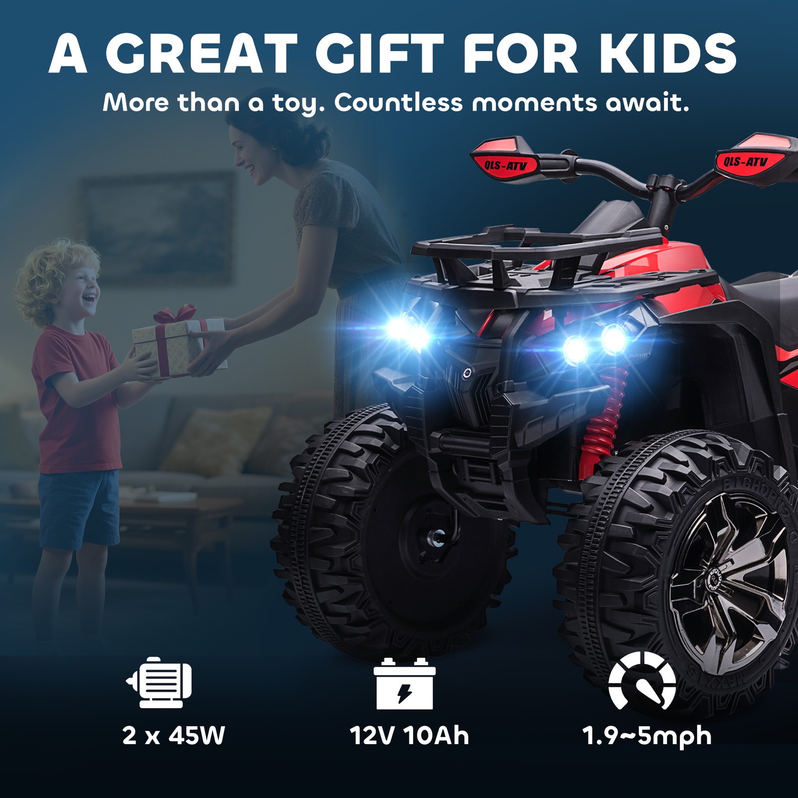 12V Kids ATV Quad Car Toy with Music & Headlights, Red