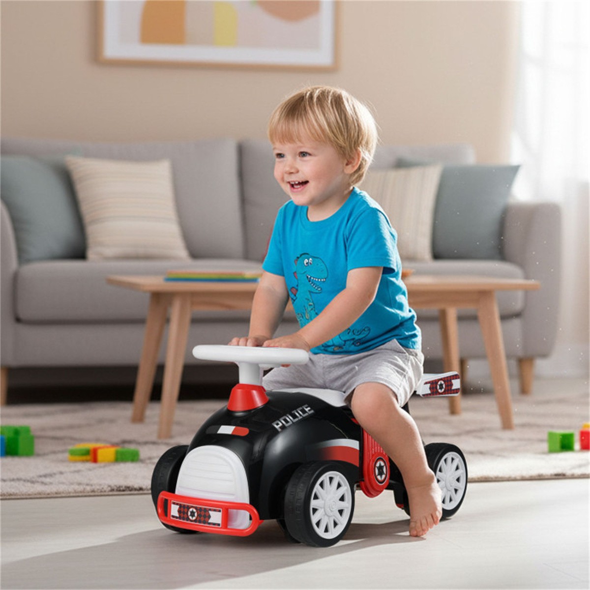 Toddler Ride On Sliding Car with Music Storage Seat for 1-3 Years Police Theme