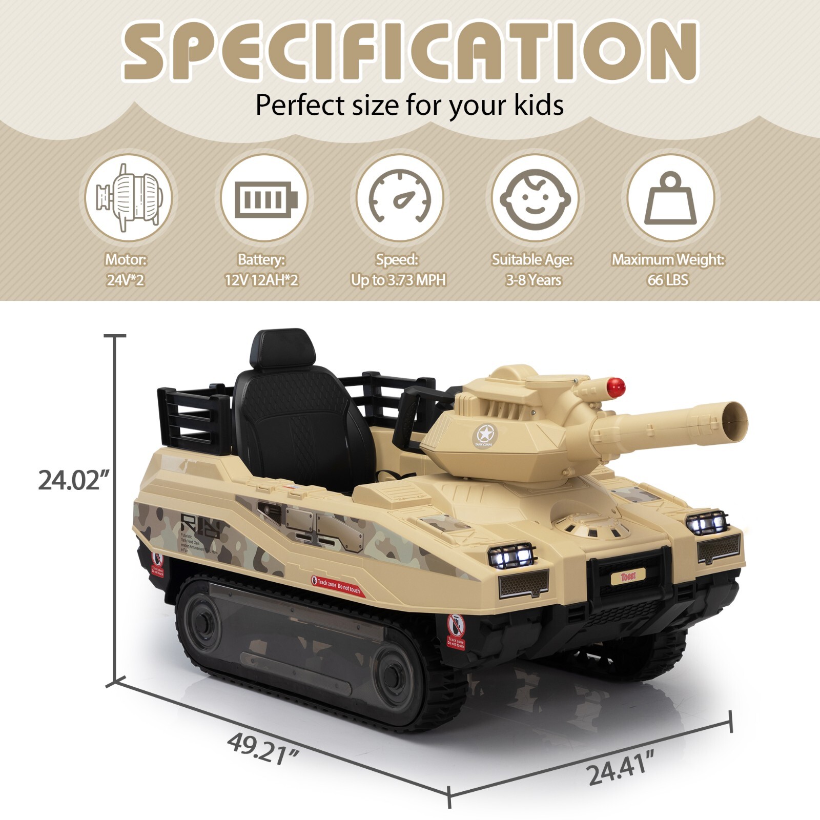 24V Kids Electric Tank Ride-On Power Remote Control Tank Car w/ 360° Spin