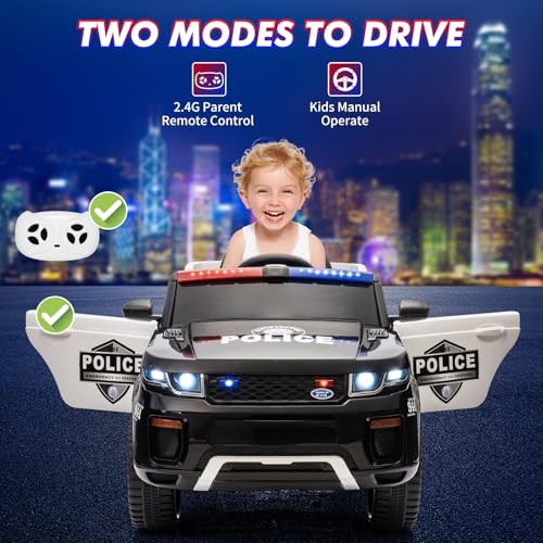 Black 12V Kids Ride-On Police Car with Remote Control – Electric Car for Kids