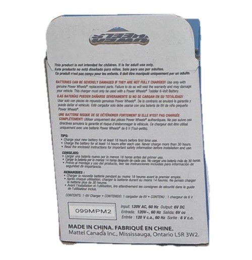 Power Wheels Toddler 6-Volt Charger – New In Box – 00801-1781 – Charges Blue 6V