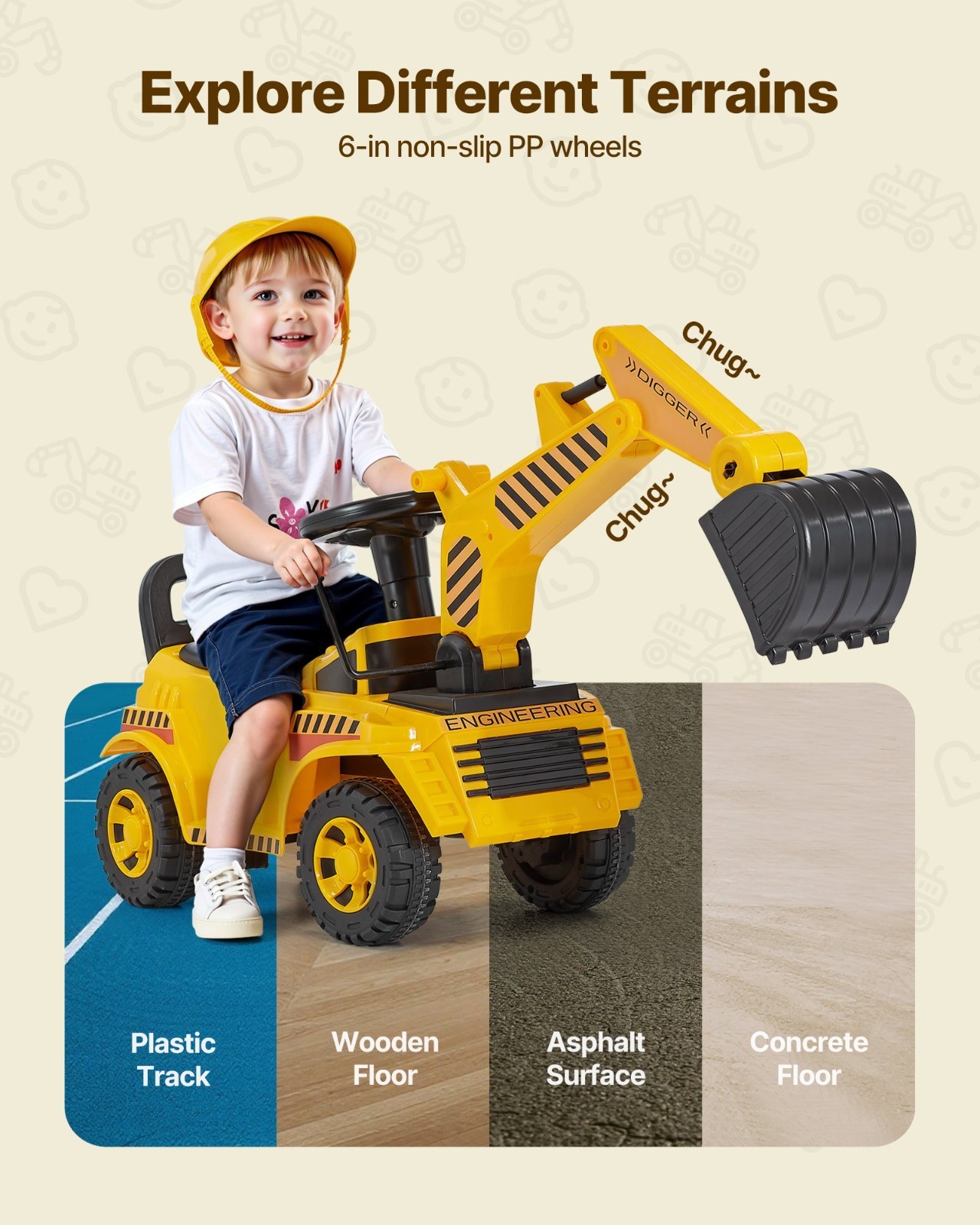 Ride On Toddler Excavator Push Car 19-36 Months Music Helmet 55 lbs Foot to Floo