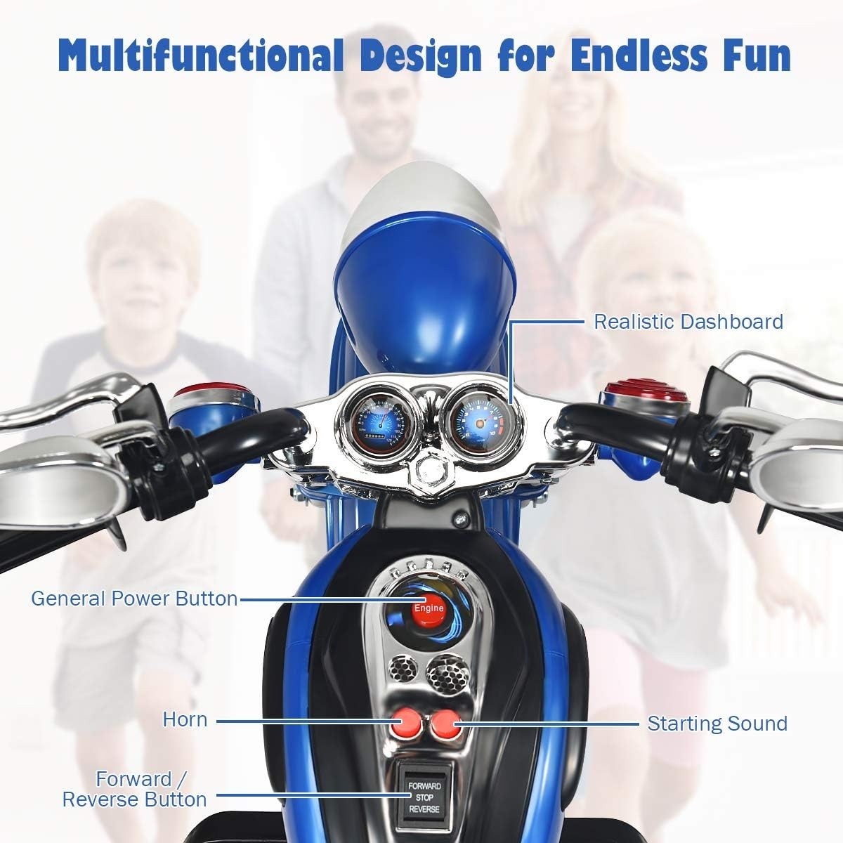 Gift for Boys Girls: 3-Wheel Electric Motorcycle, Blue