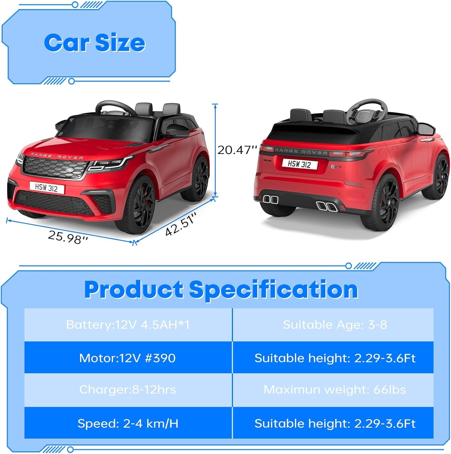 Kids Electric Car with Remote Control,4.5AH Battery,2 Motors,3 Control Modes