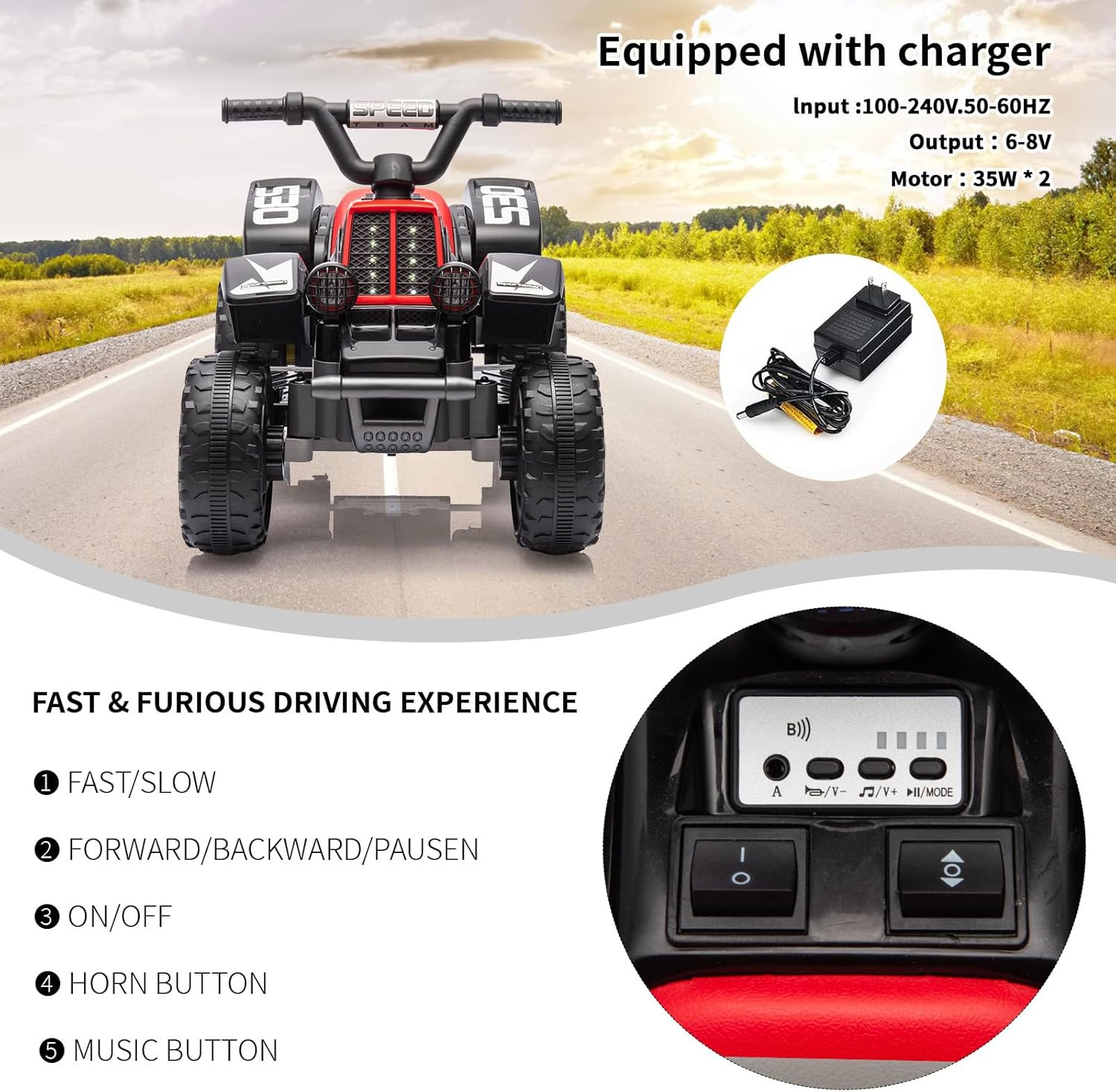 Electric Ride on ATV for Kids, 6V 4.5AH Long-Lasting Battery, Positive Energy Ch