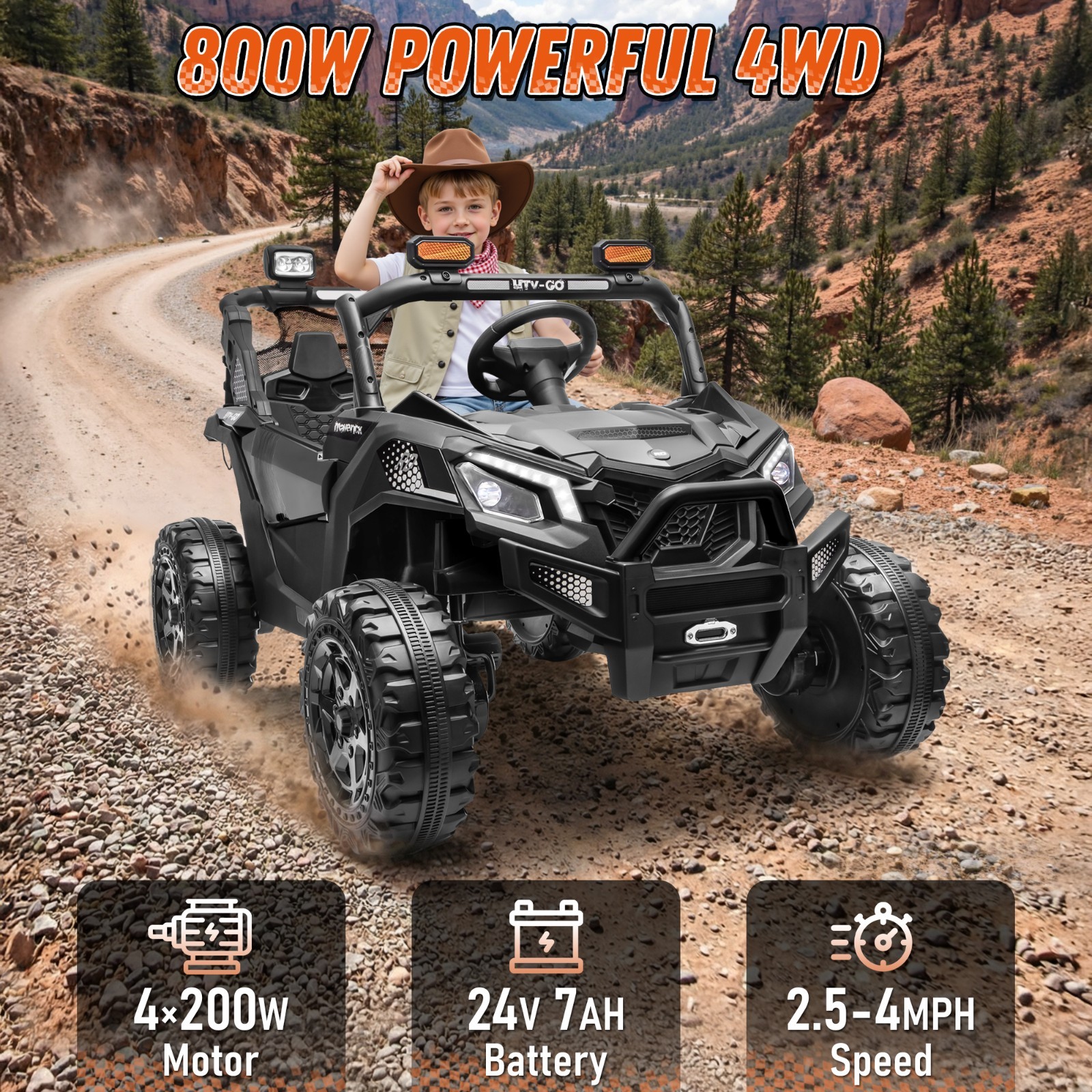 24V Kids Ride On UTV, 800W 4WD 2 Seater, Parent Remote, 4-Wheel Suspension, LED