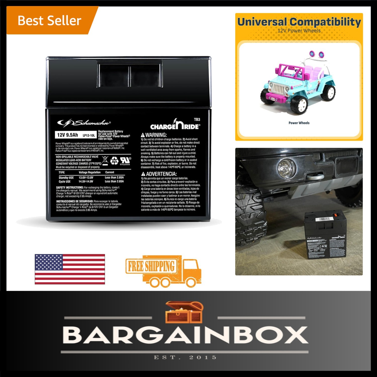 12V Rechargeable Lithium Ion Battery – 9.5Ah – Safe Replacement for Power Wheels