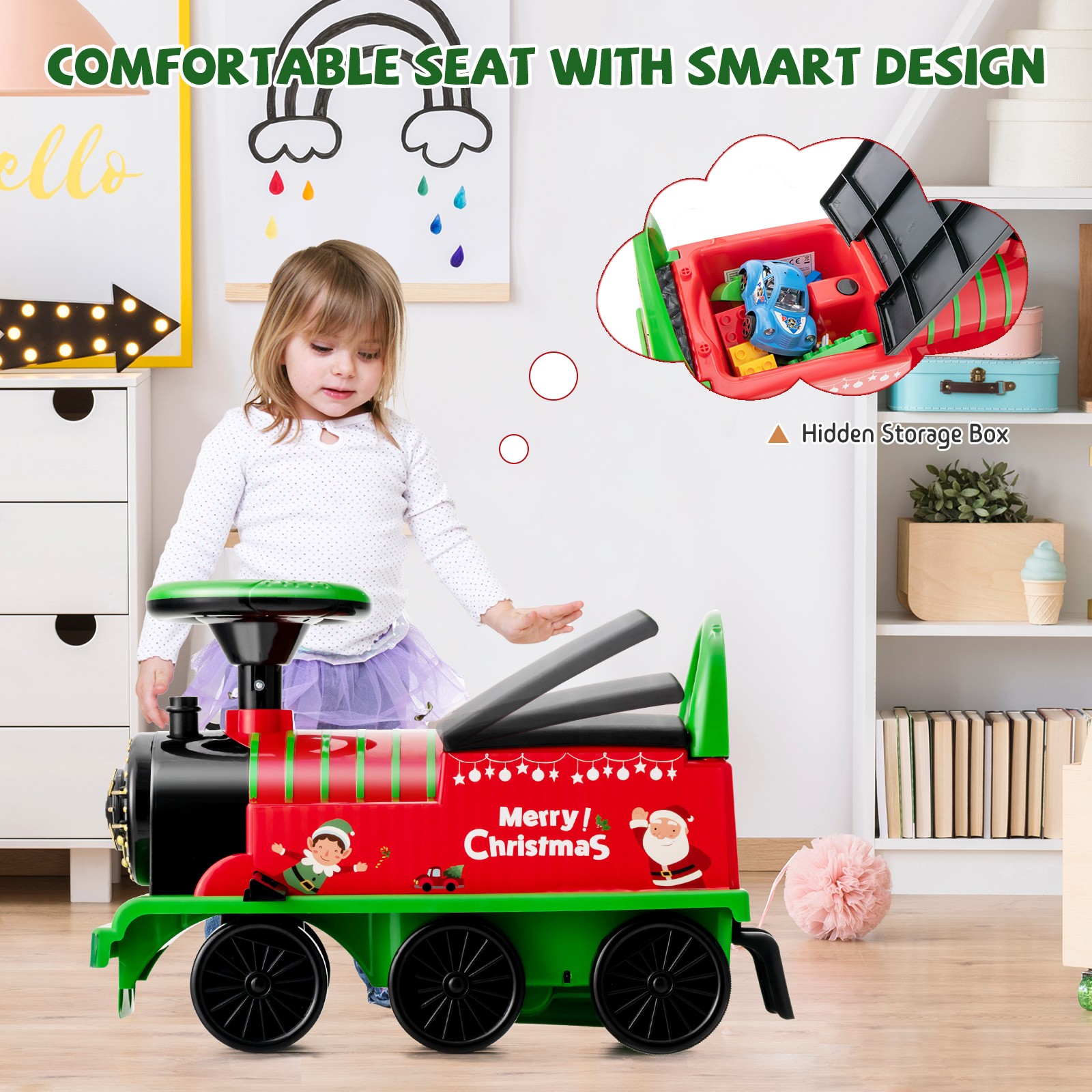 6V Electric Kids Motorized Train Toy with Unique Train Outlook & Stickers Green
