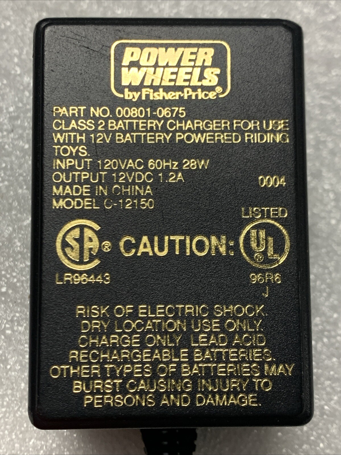 Fisher Price Power Wheels 00801-0675 Class 2 Battery Adapter Charger 12V OEM