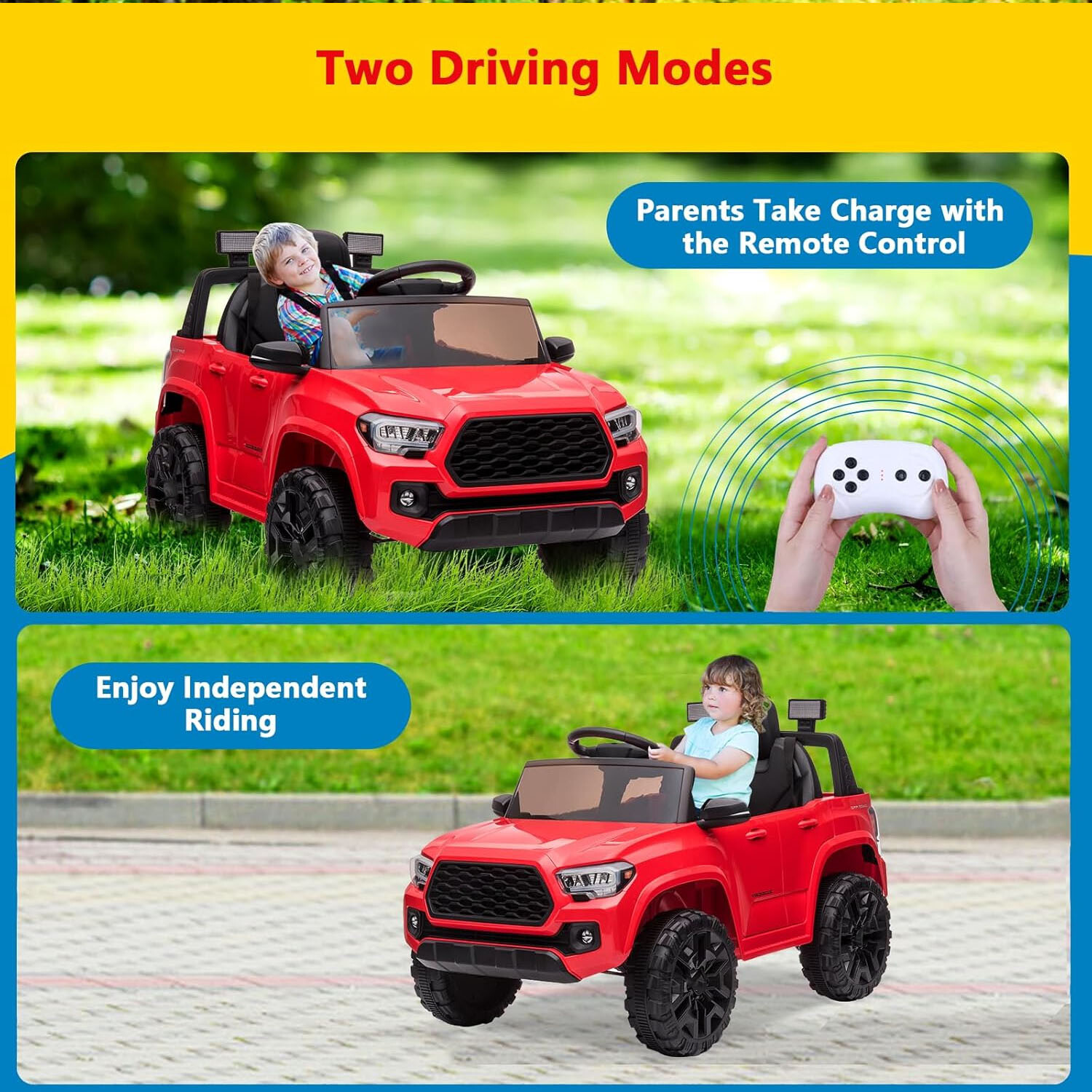 12V Kids Ride-On Car With Parent Remote Control &LED Headlights for 3-6 Year Old