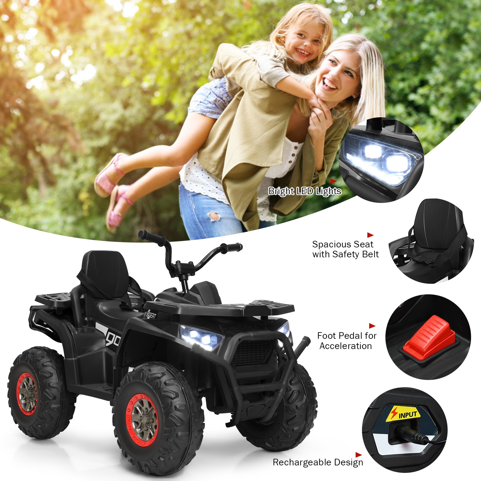 12V Kids Electric 4-Wheeler ATV Quad 2 Speeds Ride On Car w/ Music & Light Black
