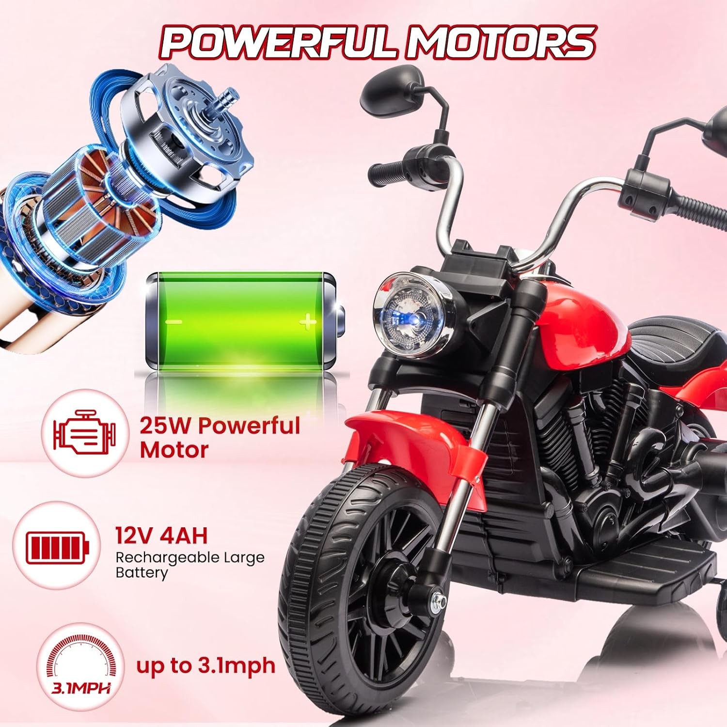 12V Electric Motorcycle for Kids,3-Wheel Ride On Toy w/Detachable Training Wheel