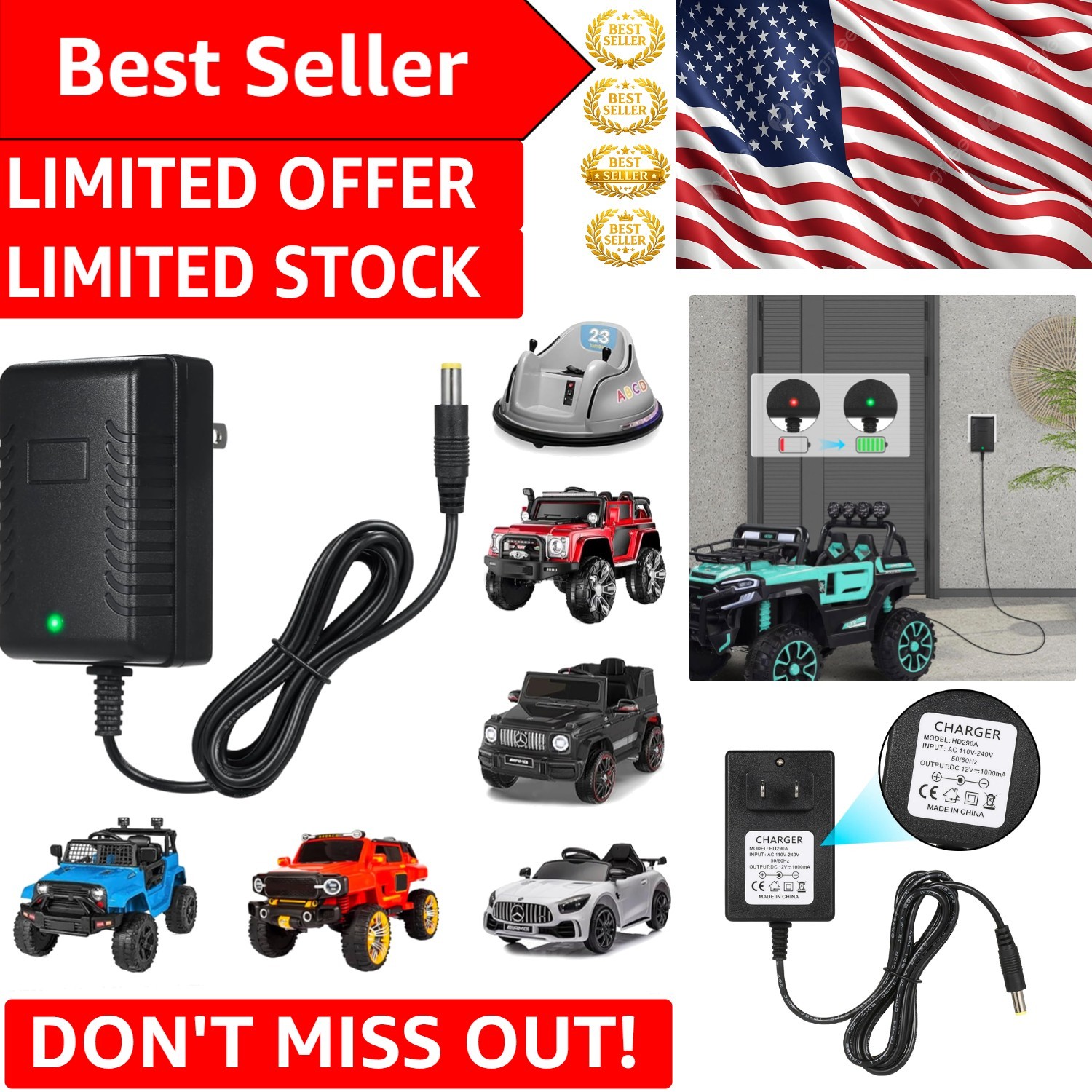 12V Kids Electric Toy Car Charger with LED Indicator – Fast & Safe Charging