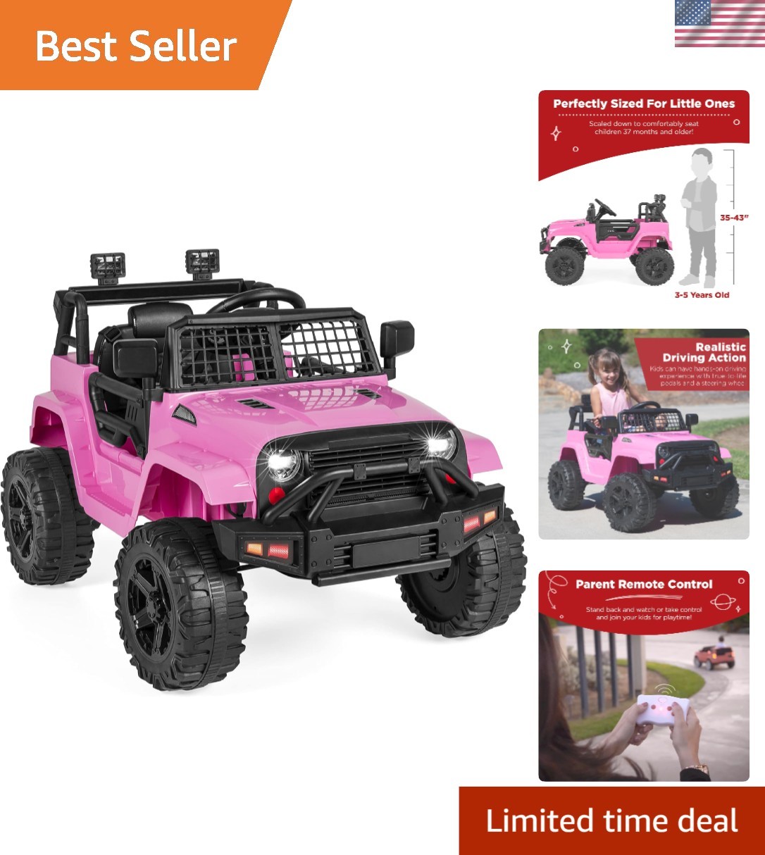 Pink 12V Kids Ride-On Truck with LED Lights & Parental Control Remote