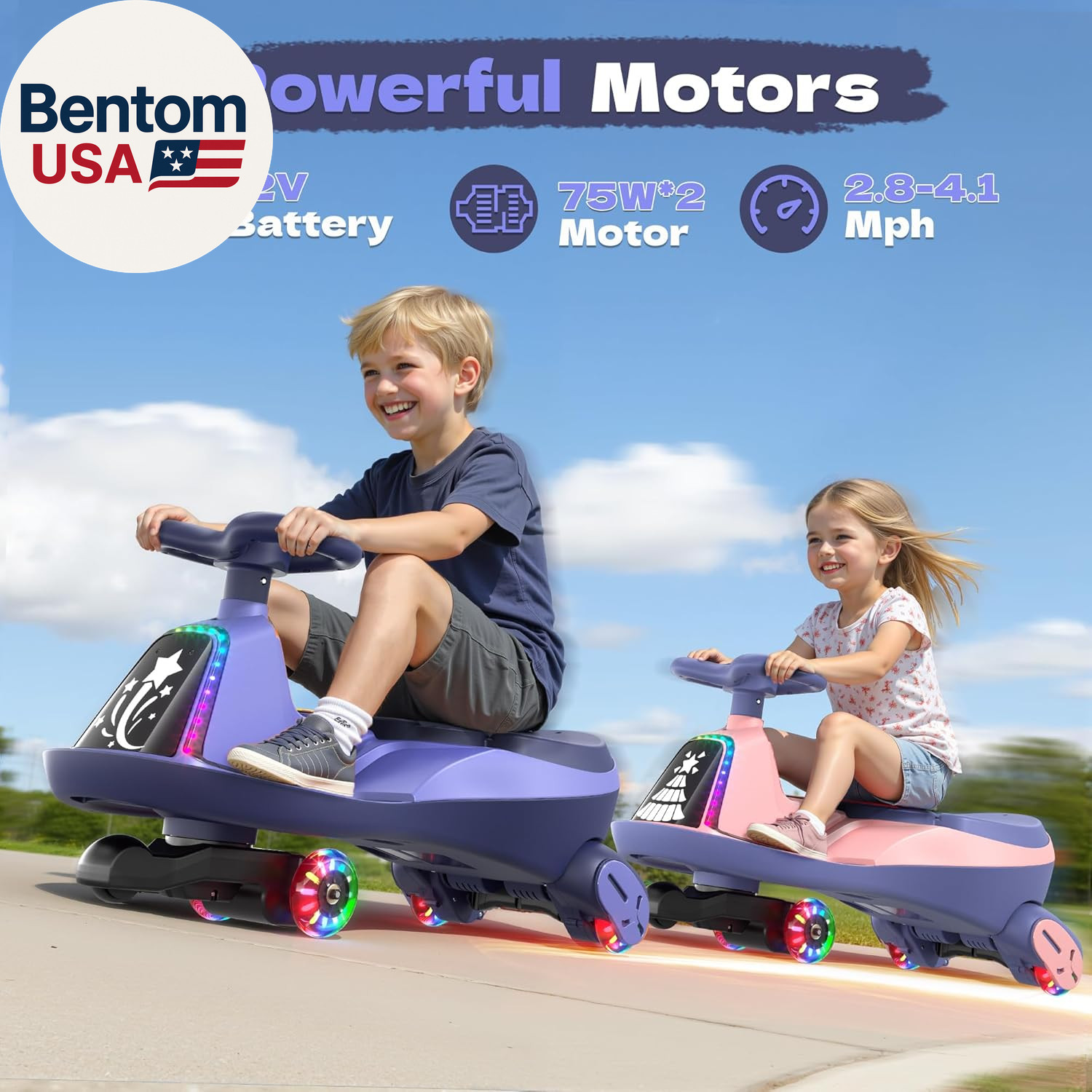 12V Electric Wiggle Car with Pedals, 2 Seater, 2X75W Motor, Music & Bluetooth, R