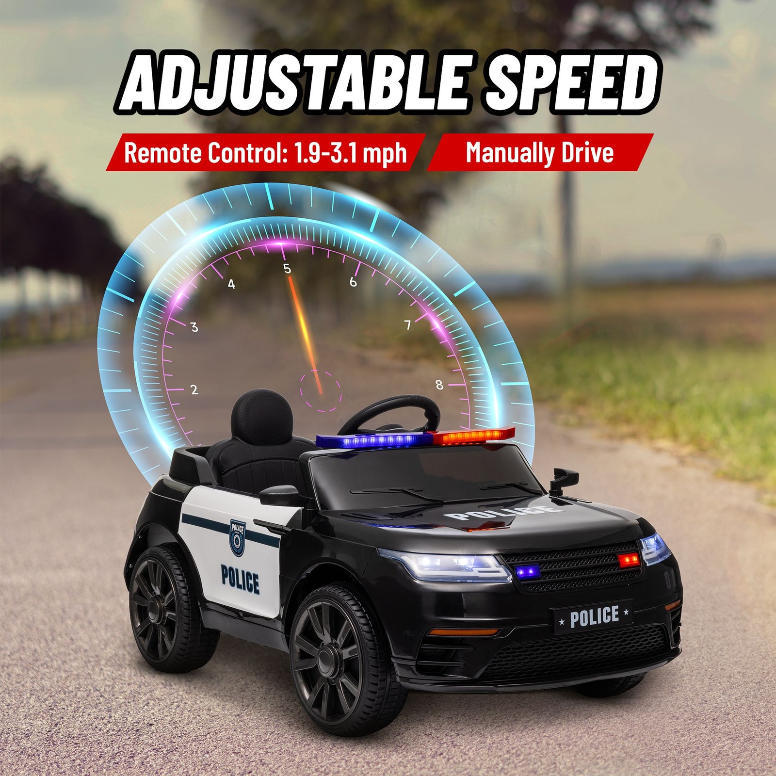 12V Kids Ride-On Police Car Toy with Battery 3 Speeds Remote and Lights
