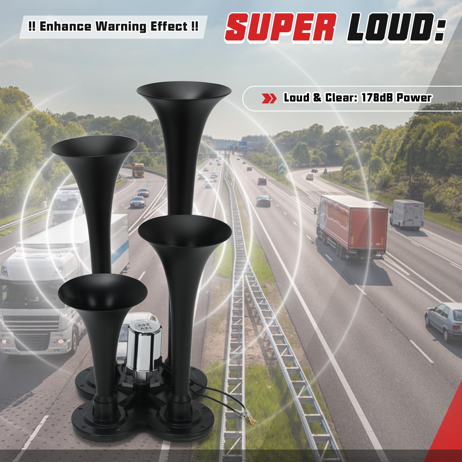 Double Row 4 Trumpet Air Horns Kit w/Electric Solenoid & Mounting Hardware 12…