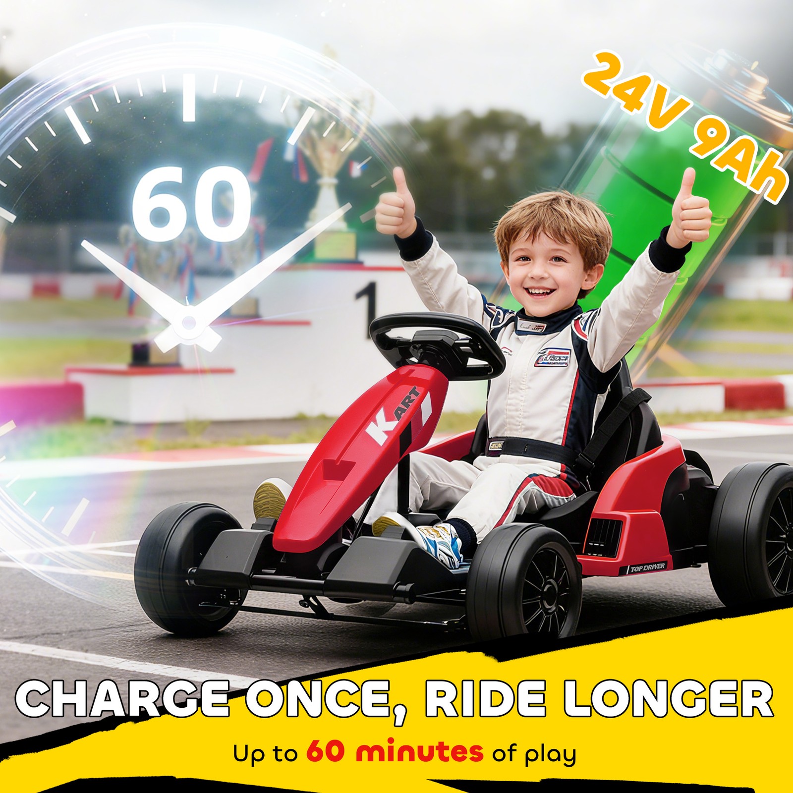 24V Electric Go Kart with Dual 150W Motors, Adjustable Seat, Slow Start, Red