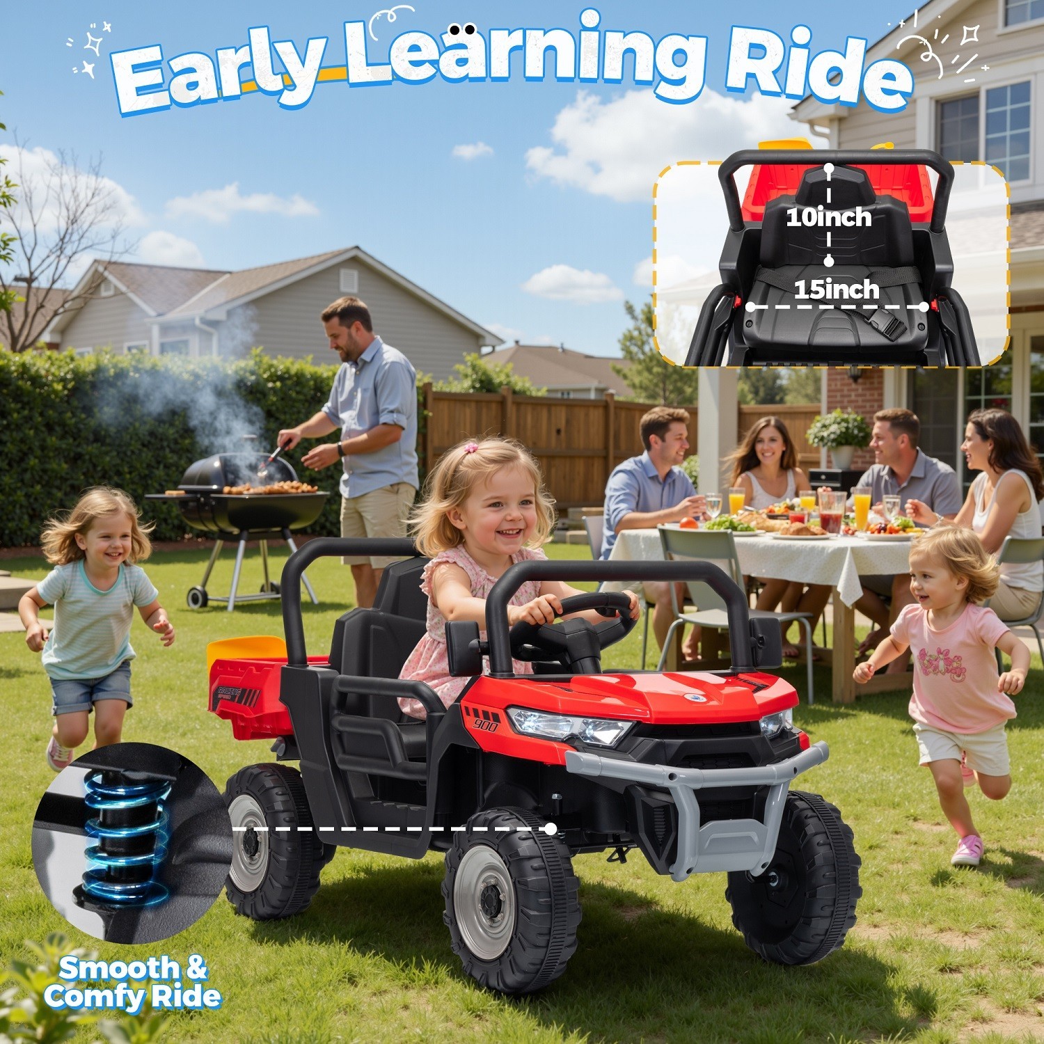 24V Kids UTV Dump Truck RC Spring Suspension Dump Bed Shovel Bluetooth LED Light