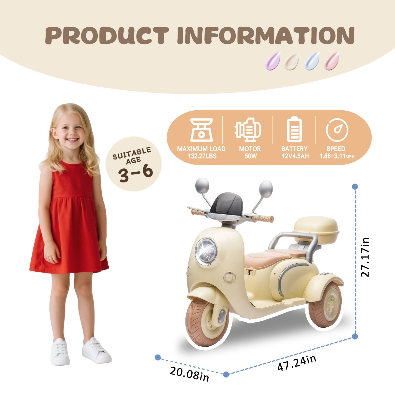 12V Ride on toys Kids Electric Motorcycle 2 Seater w/Bluetooth,LED, Beige