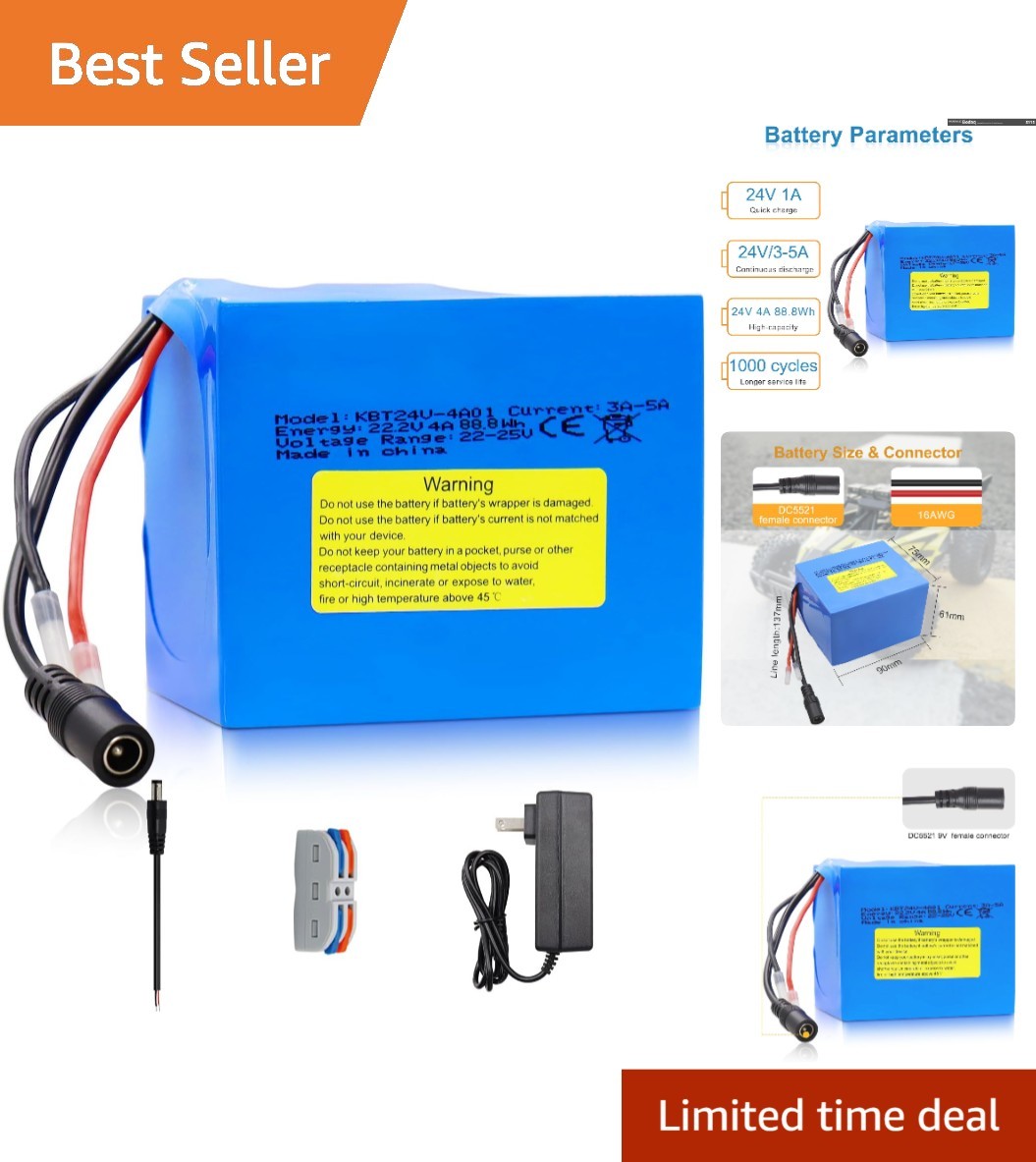 24V 4Ah Lithium-Ion Battery with Charger – Perfect for Kids’ Ride-On Vehicles