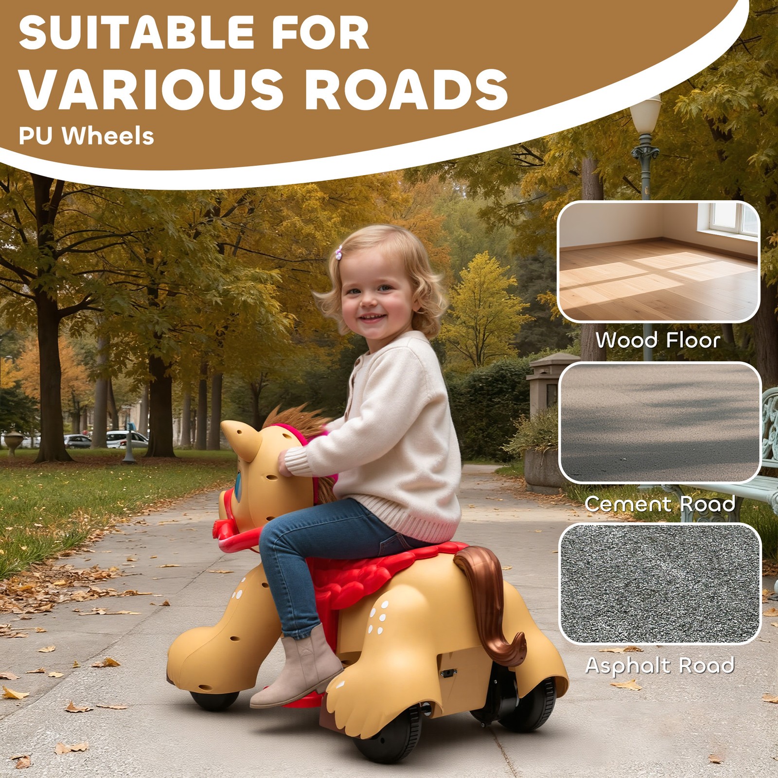 12V Ride On Horse Toy, Battery Powered Ride on Toy with Animal Sound, Brown