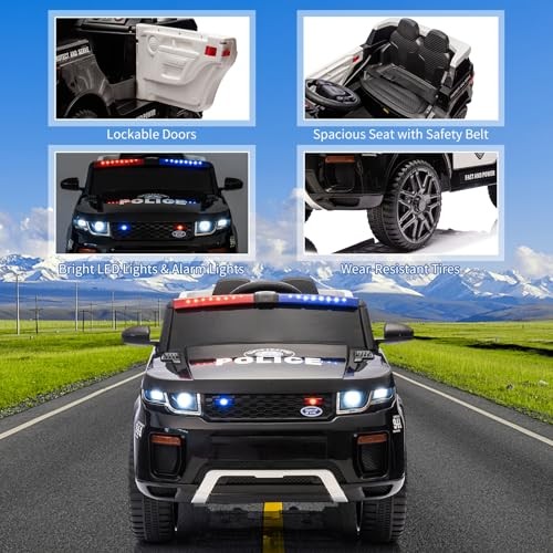 Black 12V Kids Ride-On Police Car with Remote Control – Electric Car for Kids
