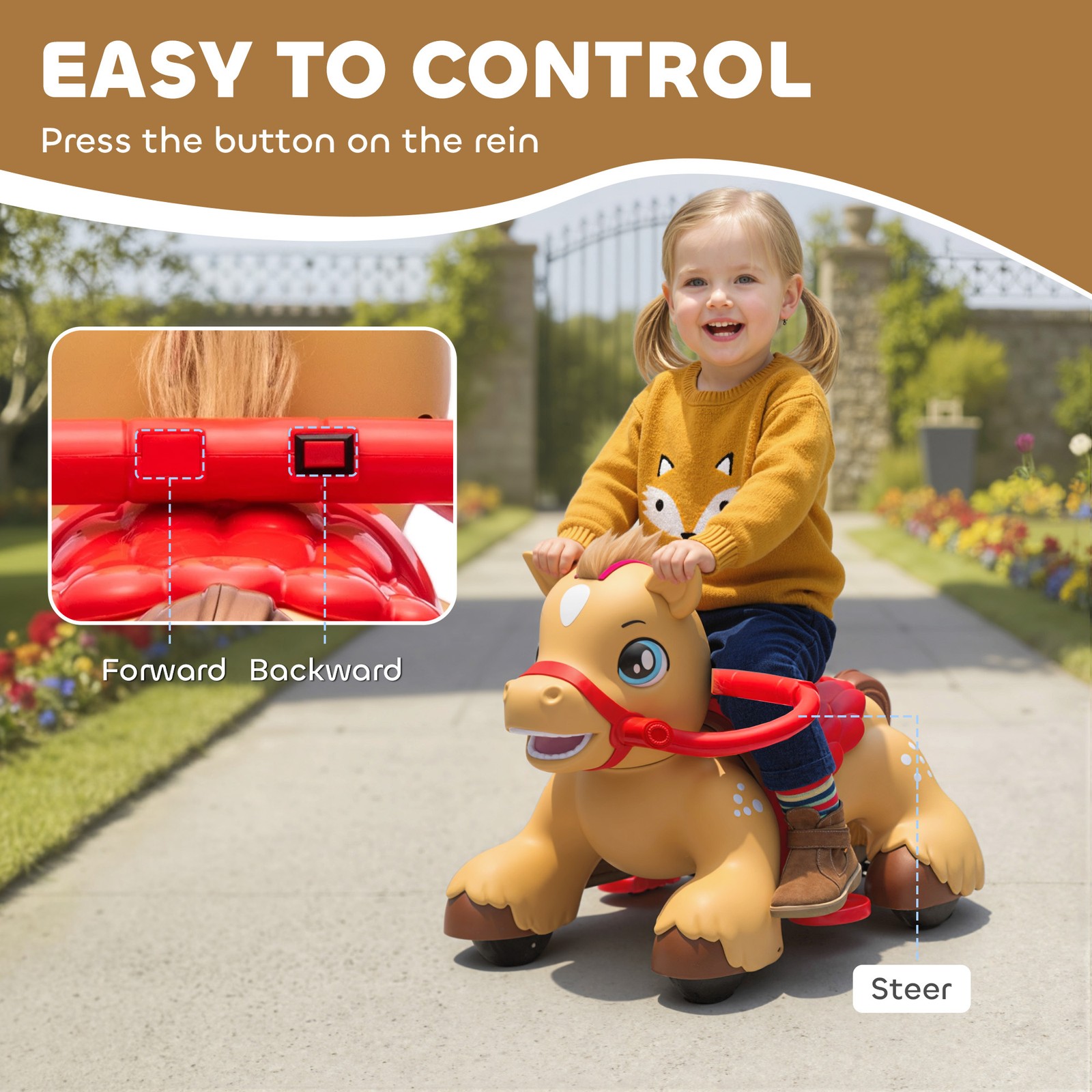 12V Ride On Horse Toy, Battery Powered Ride on Toy with Animal Sound, Brown