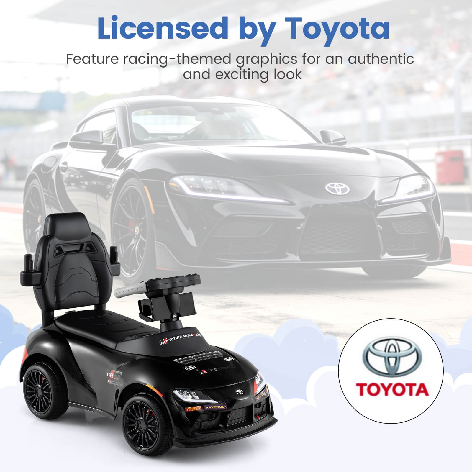 Toyota Licensed Ride on Push Car w/Parent-Control Handle Music Safety Guardrail