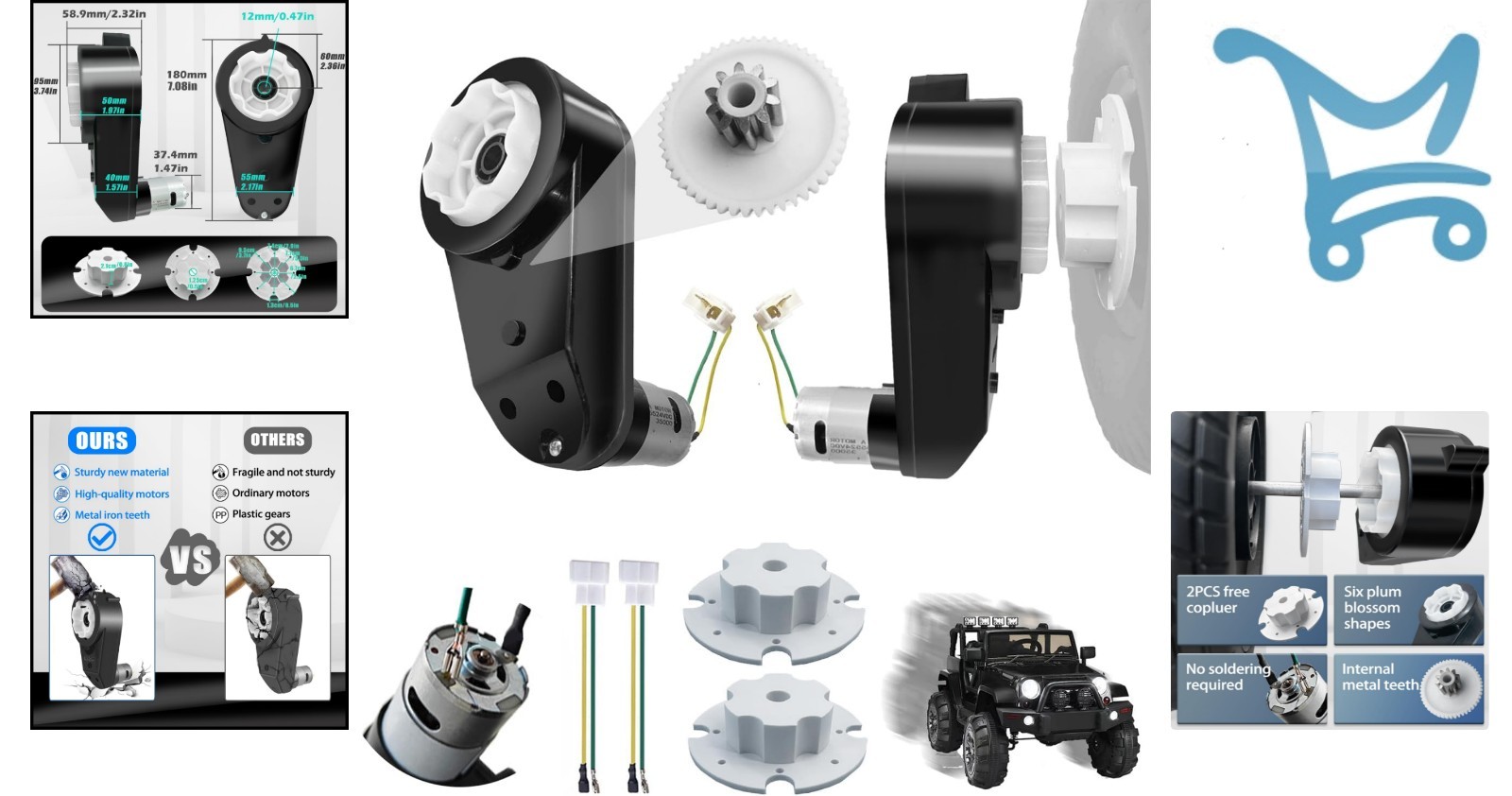 2PCS 24V RS555 Gearbox Set for Power Wheels Kids Ride On Car High-Speed Motor