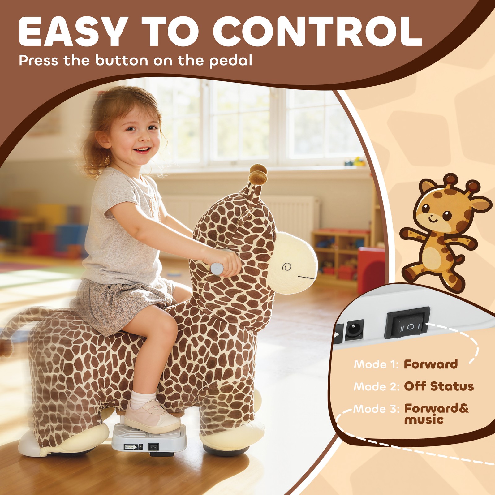 6V Kids Ride On Horse, Electric Riding Animal Giraffe with Music Brown