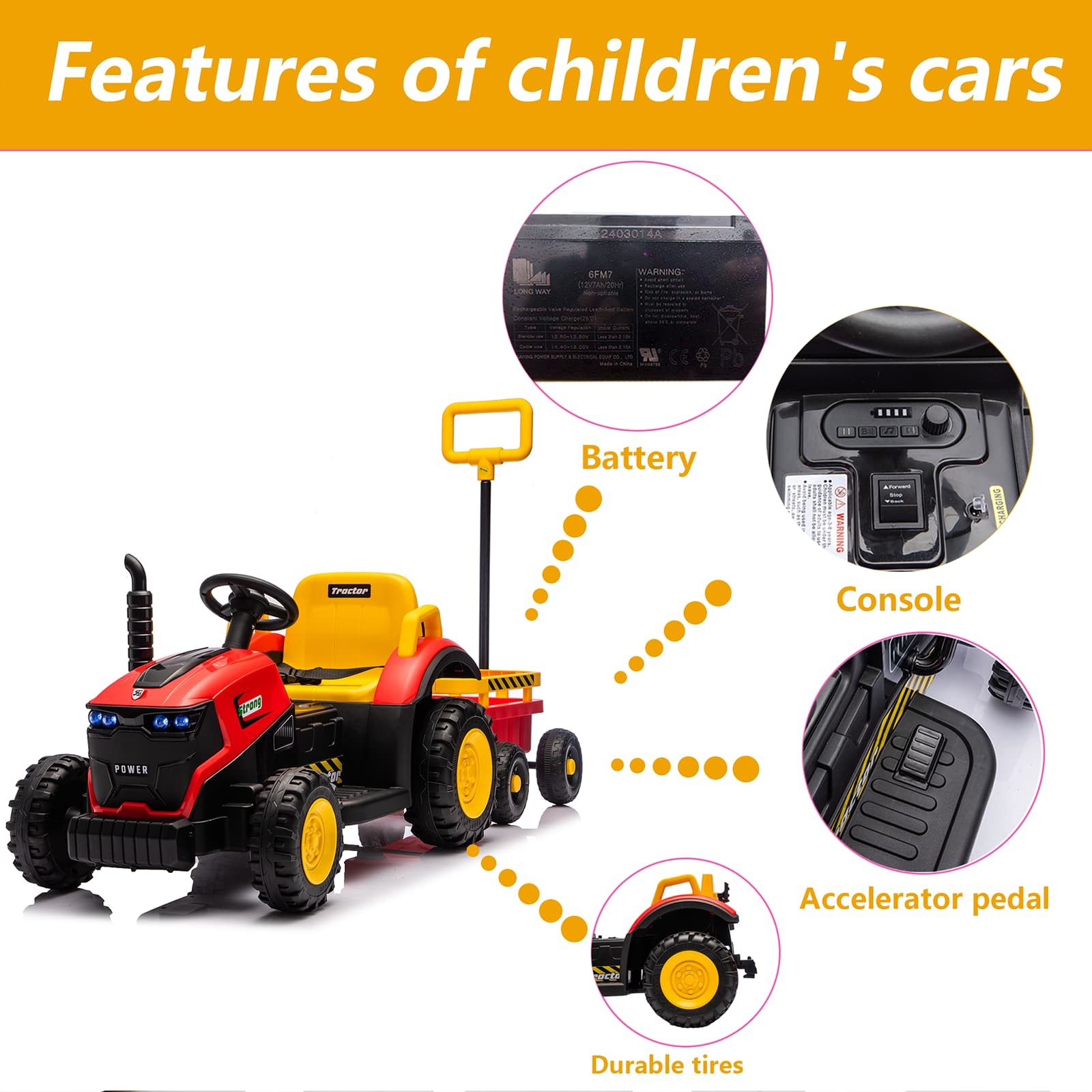 Kids Electric Farm Tractor Ride On Car 12V with Trailer Lights Music Age 3-6