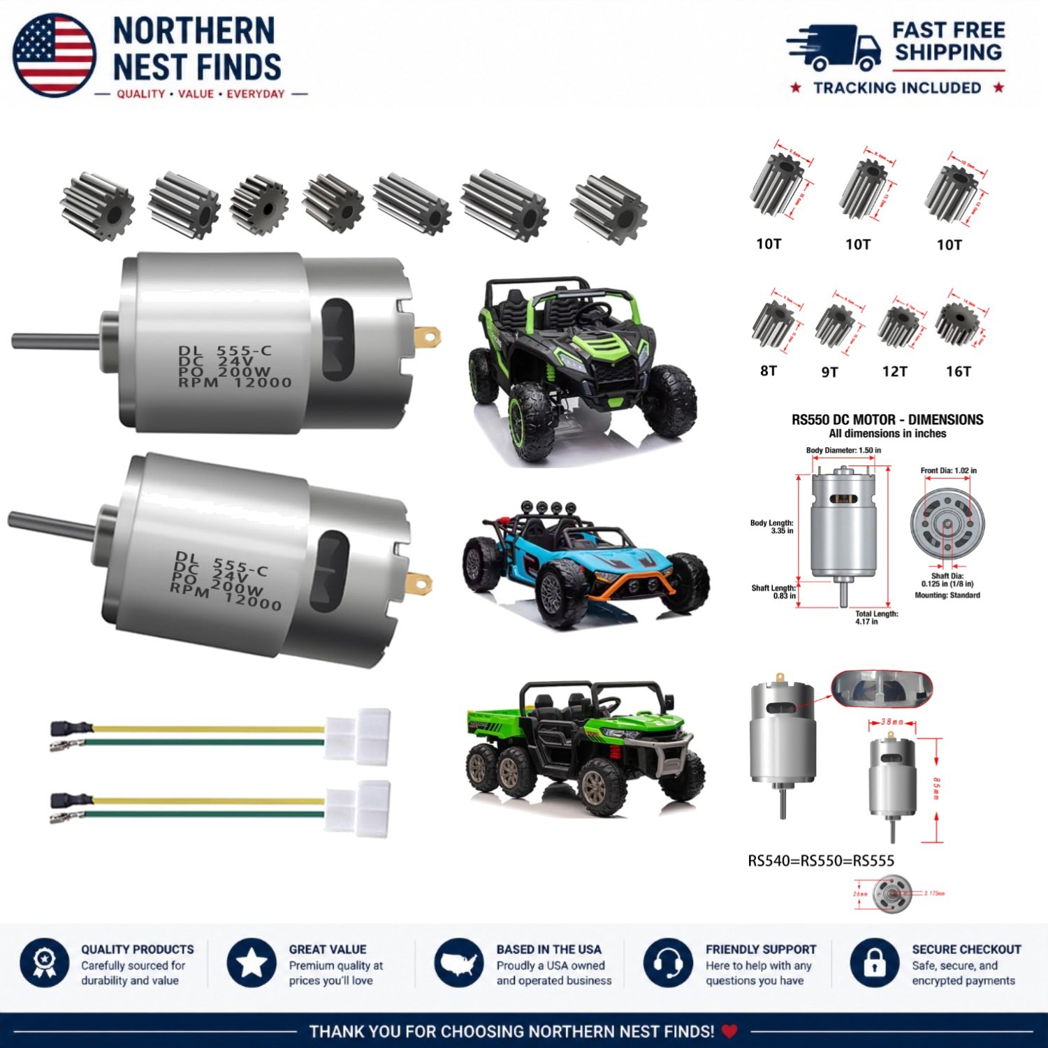 2PCS 24V RS555 Motors – 12000 RPM Upgrade for Kids Ride-On Electric Vehicles